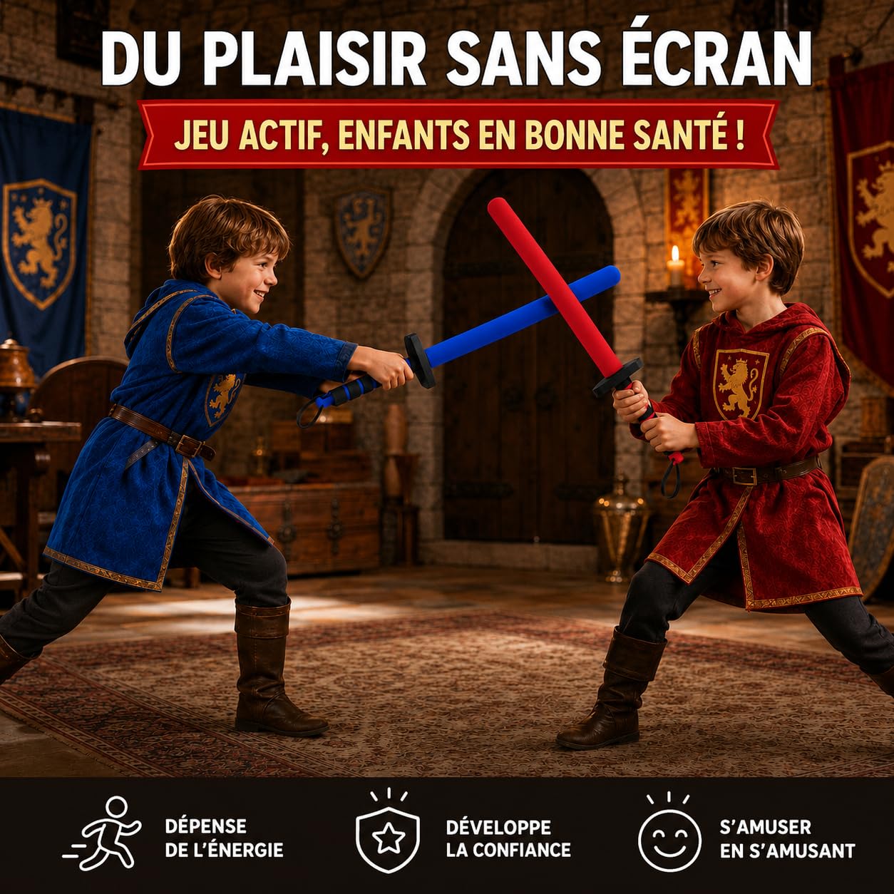 Lot de 2 raquettes en mousse pour enfants (rouge/bleu) | Jeu de clôture pédagogique et épée souple pour la réduction de l'agression | Appareil de sport pour la motricité et le mouvement avec sac |