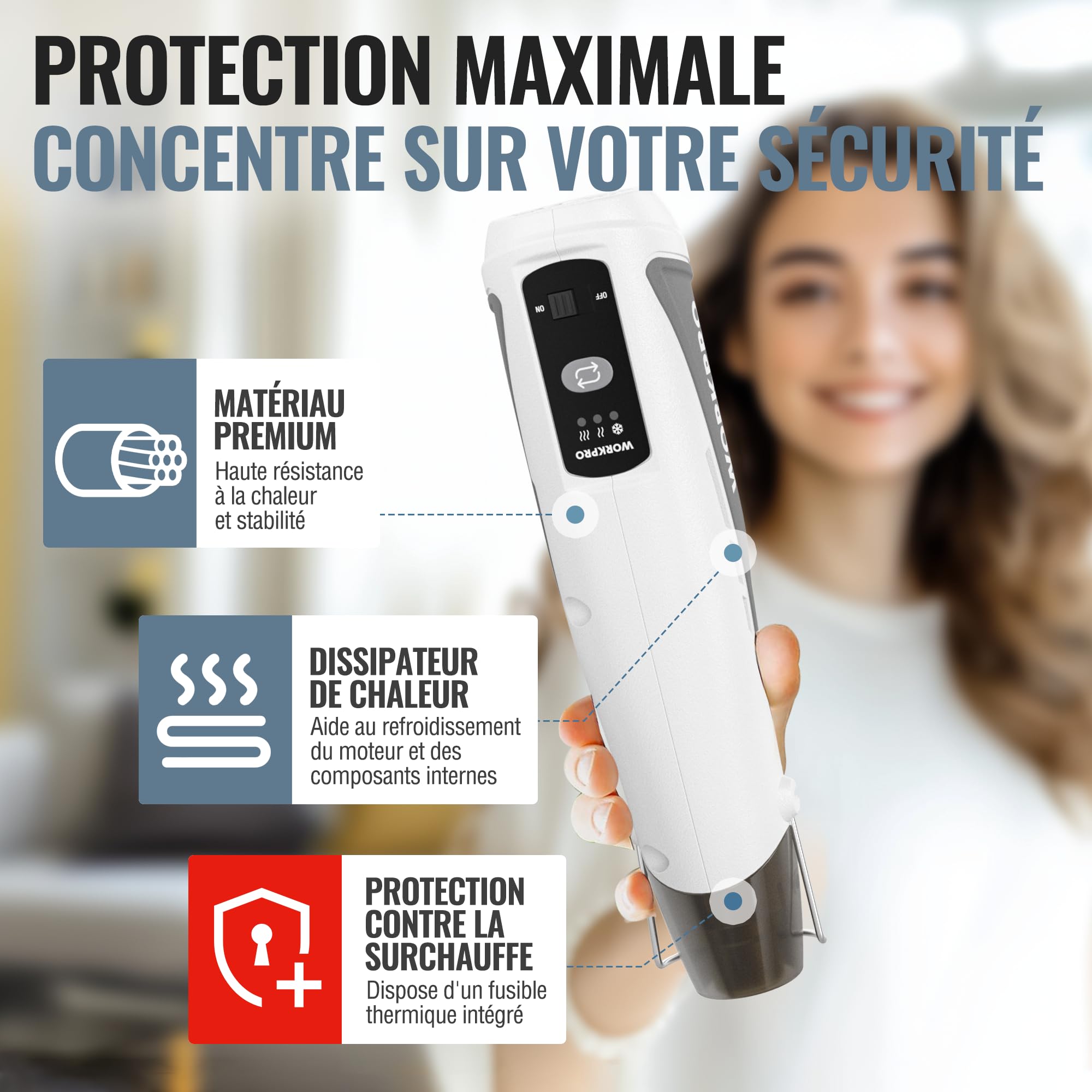 WORKPRO Mini Décapeur Thermique Professionnel 7,2V, Pistolet à Air Chaud Sans Fil, 3 Températures (Froid/150℃/360℃), Chauffage Rapide, 2000 mAh, Avec Buse et Câble de Charge USB-C, pour Bricolage