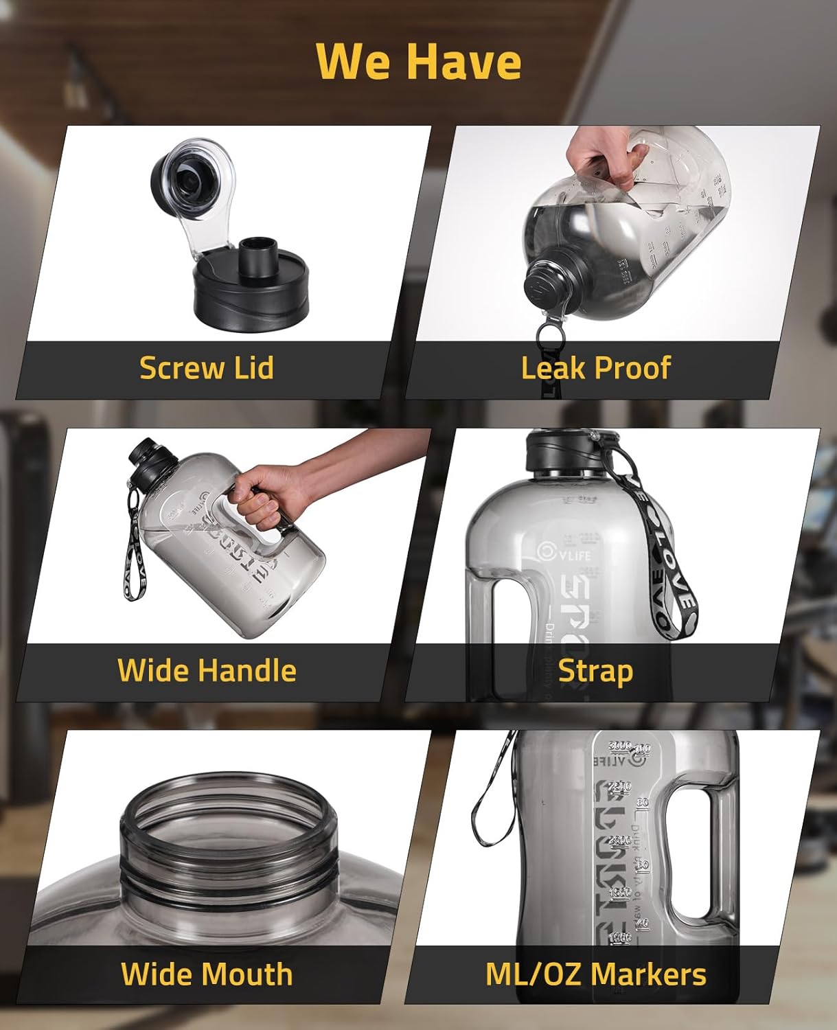 CVLIFE 1 Gallon Water Bottle with Handle, Large Gallon Water Jug with Strap, Big Sports Bottle for Gym, Reusable Black Water Container, 128 oz, Leak Proof, BPA Free - Image 2