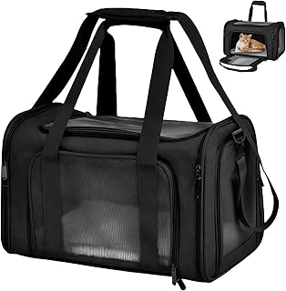 Große Schwarze Katzentransporttasche: Tragbare Faltbare Katzentasche, Sicher Katzentasche für Kleine Haustiere, Atmungsaktiv Katzentransportbox für Reisen & Tierarztbesuche (45x30x30cm)