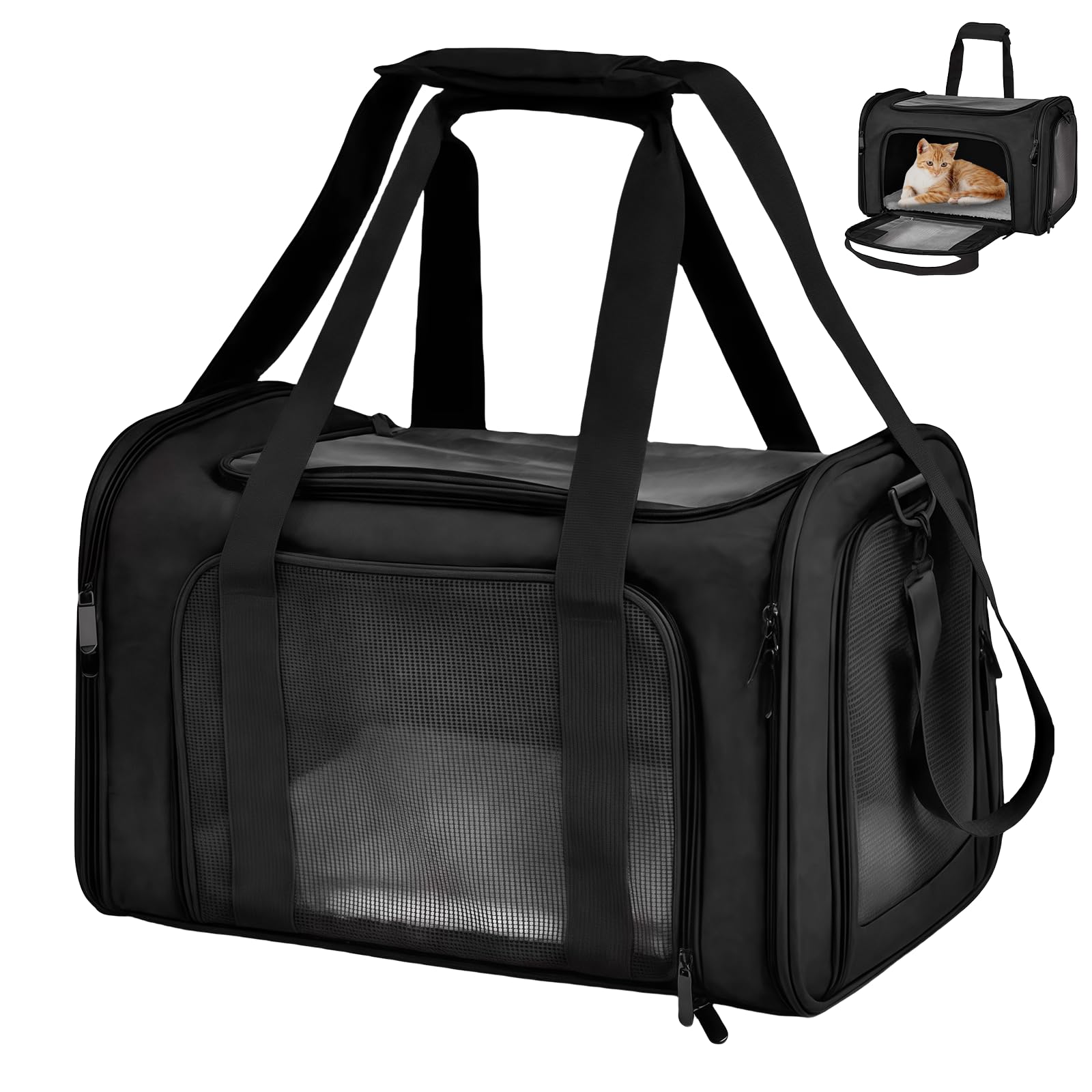 Grand sac de transport noir pour chat : sac pliable portable pour chat, sac sûr pour les petits animaux de compagnie, boîte de transport respirante pour chat pour les voyages et les visites