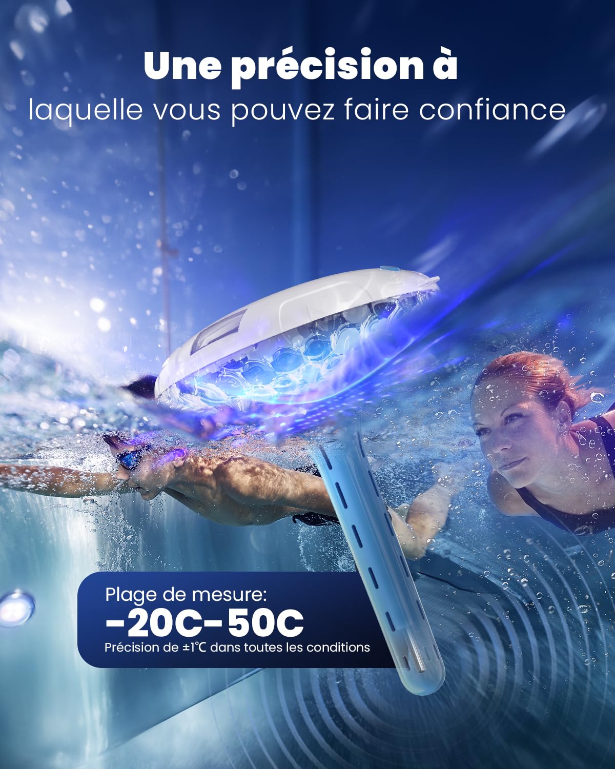 Lampe de piscine solaire avec double écran LCD, thermomètre de piscine flottant facile à lire, 8 effets lumineux dynamiques, thermomètre numérique étanche IPX7