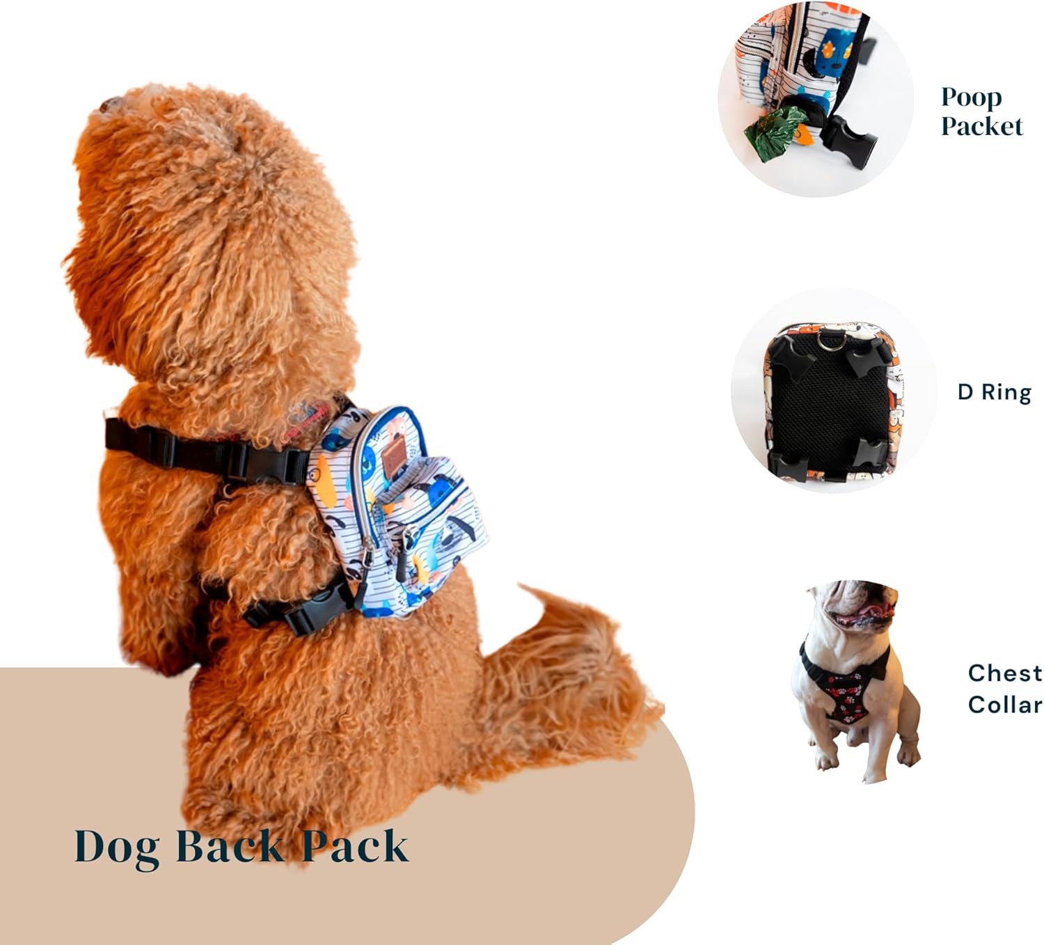 Pawlook Dog Backpack Harness – Street Smart | Waterproof, Adjustable, Breathable – Leash Attachment D-Rings, Poop Bag Pocket – Small & Medium Dogs – 8 Styles Woof Medium
