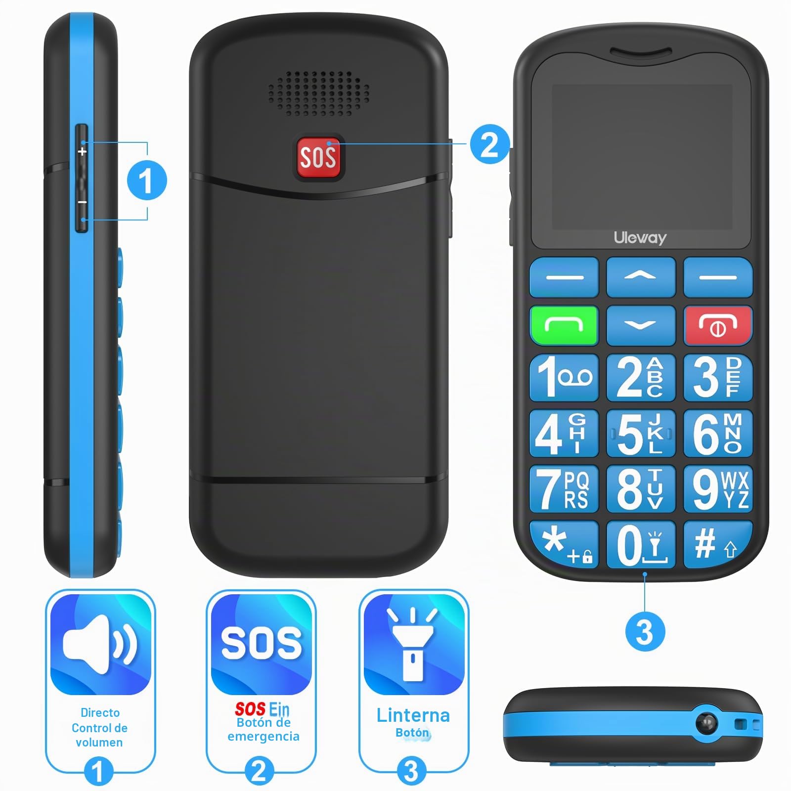 4G Telefono Movil para Mayores Libre Fácil de Usar Teléfono Móvil Basico de Teclas Grandes, Batería de 1000 mAh Cable USB Tipo C Botón SOS con estación de Carga Bluetooth