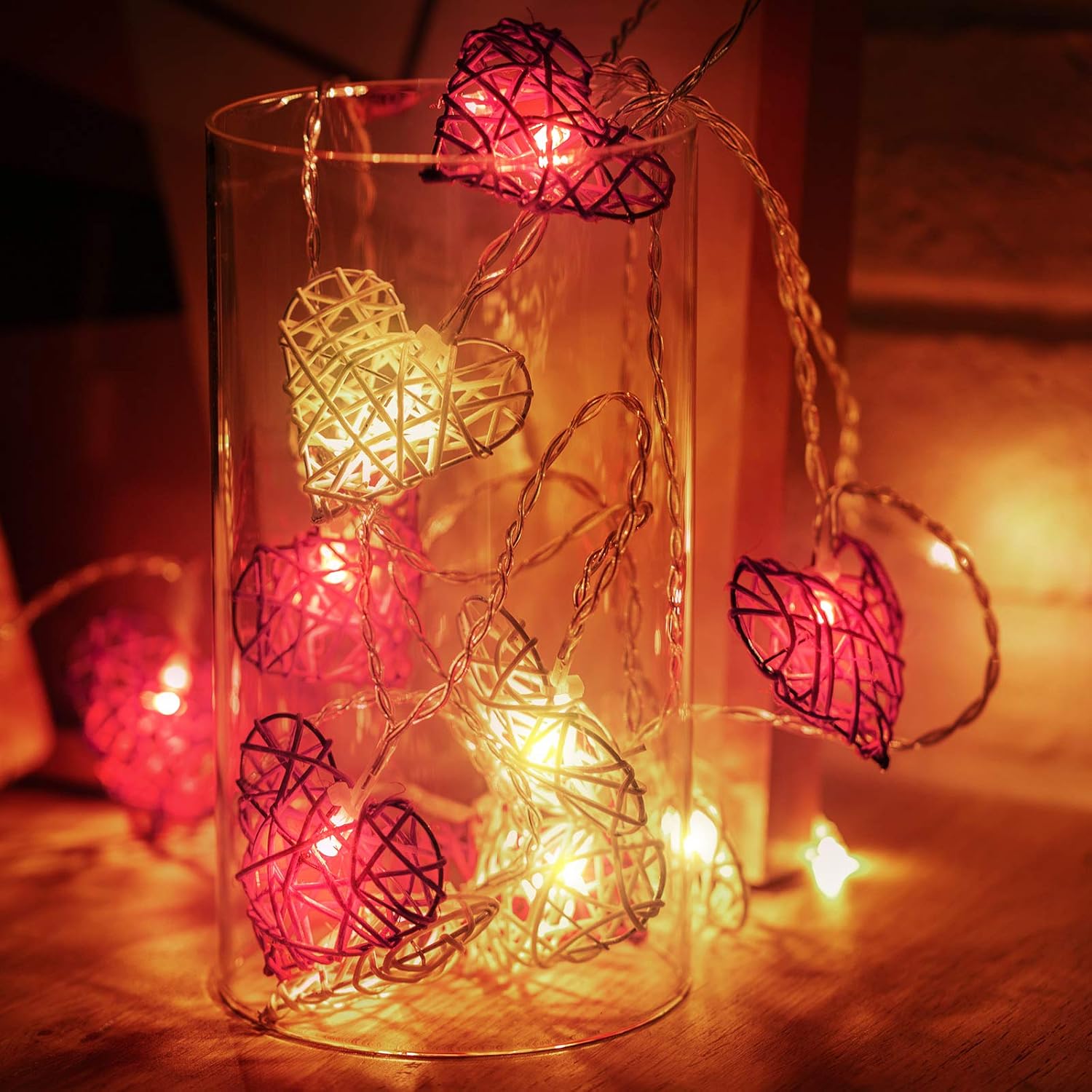 Valentines Heart String Lights, Vintage Rattan Heart Shaped String Light, 6.5 ft 12 LEDs Fairy Battery Operated Twinkle Light for Valentine's Day Wedding Indoor Outdoor Bedroom Party Decor (1 Pack)