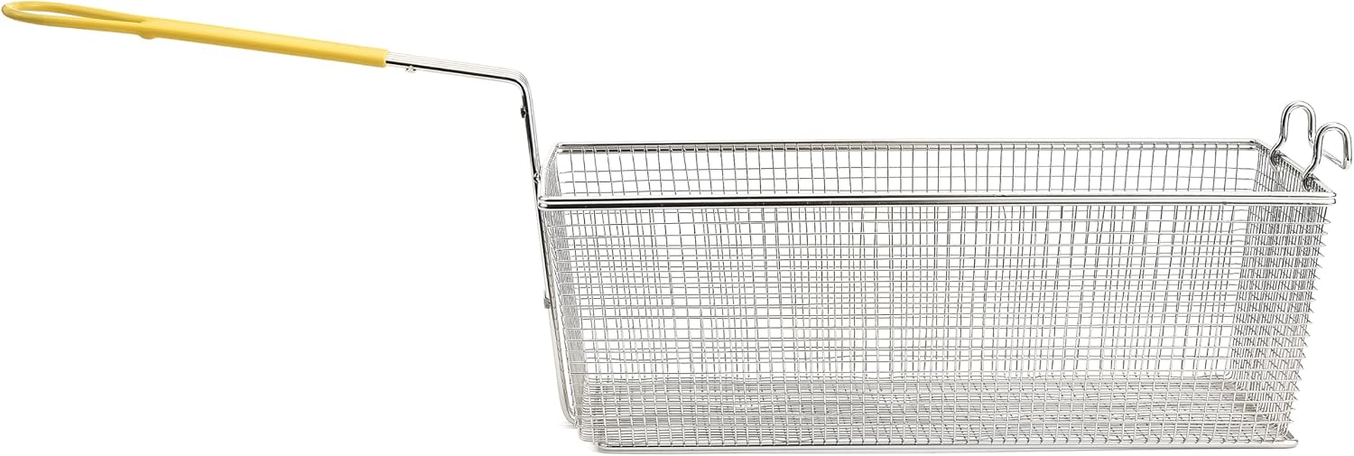 Commercial Deep Fryer Basket |17" x 8-1/4" x 6" | Yellow Plastic Coated Handle | Replacement Fry Basket for Restaurants