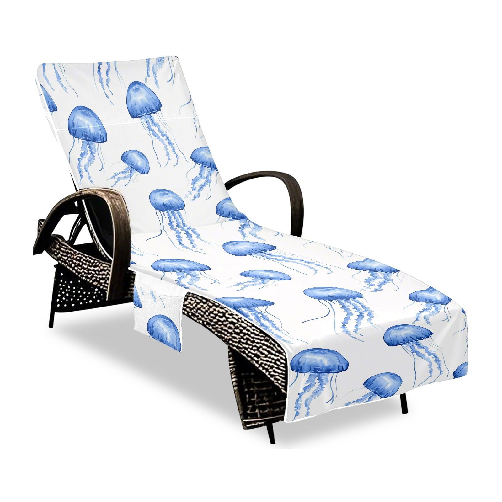 BOESI Watercolor Blue Jellyfish Beach Chair Towel, Outdoor Pool Chair Cover, with Pockets, Suitable for Outdoor Beach Garden Sunbathing, 85'' x 30''