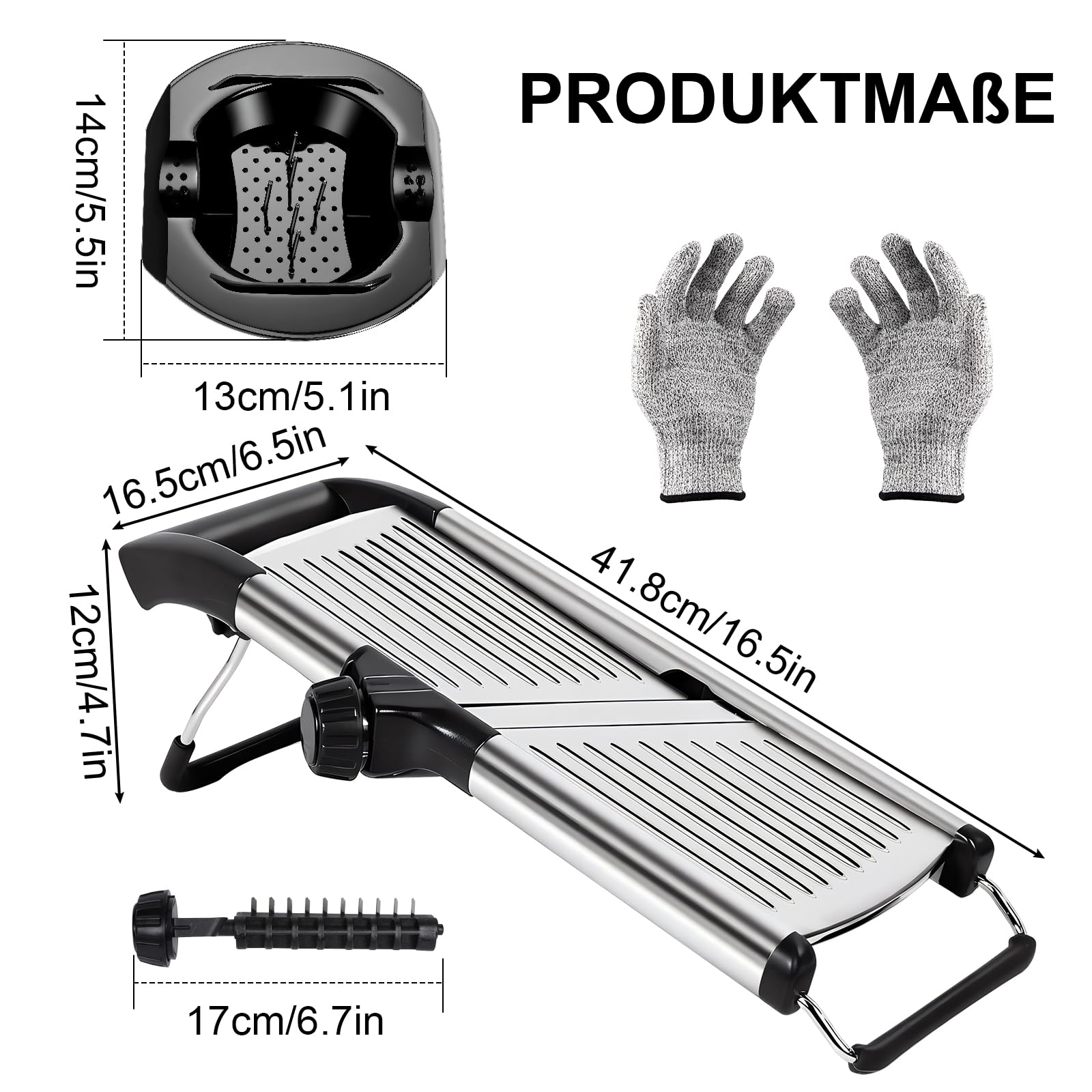 Masthome Verstellbar Edelstahl Gemüsehobel Mandoline, 5-in-1, Schwarz | Multifunktion Gemüseschneider Edelstahl mit Schnittfesten Handschuhen, Reibe für Gemüse für Obst und Gemüse