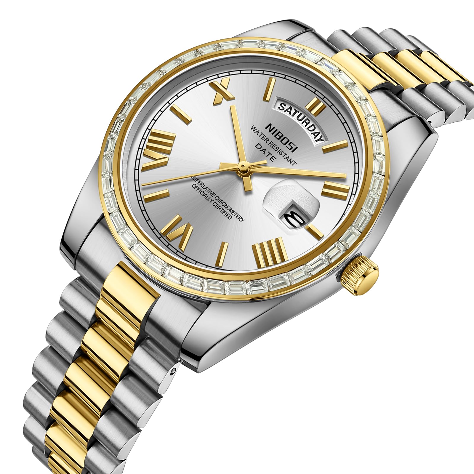 NIBOSI Orologi da uomo analogico al quarzo lunetta con diamanti quadrante in acciaio inossidabile oro rosa argento orologi da uomo impermeabili Business Classic Dress orologio da polso con giorno data