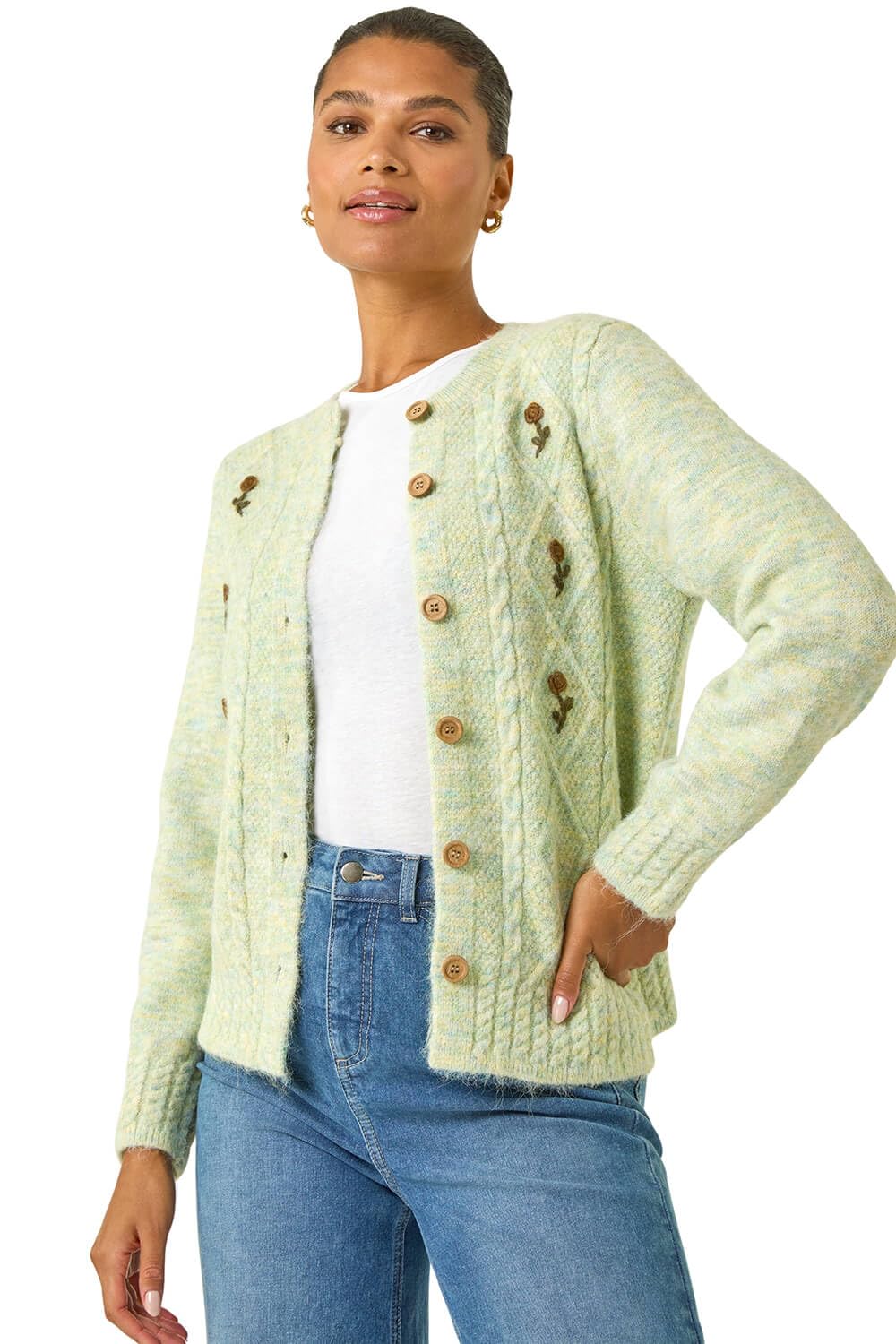 Roman Women's Pale Green Embroidered Floral Knit Cardigan In Size 14