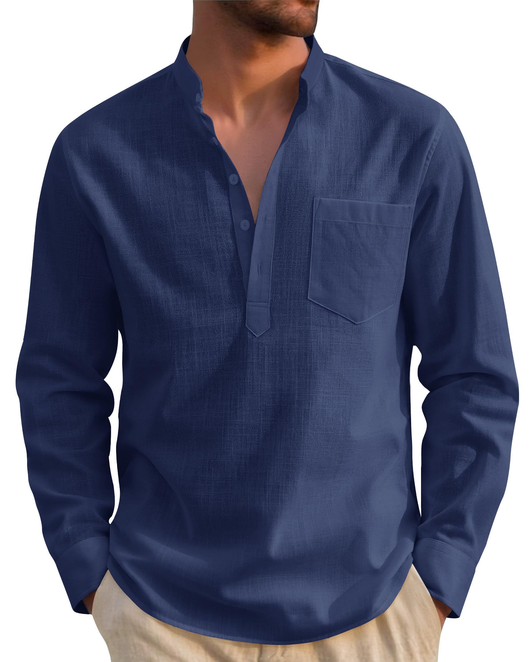 J.VER Hemd Herren Baumwolle leinenhemd Henley Shirt Langarm in Regular Fit Atmungsaktives Freizeithemd mit Tasche für Sommer und Urlaub