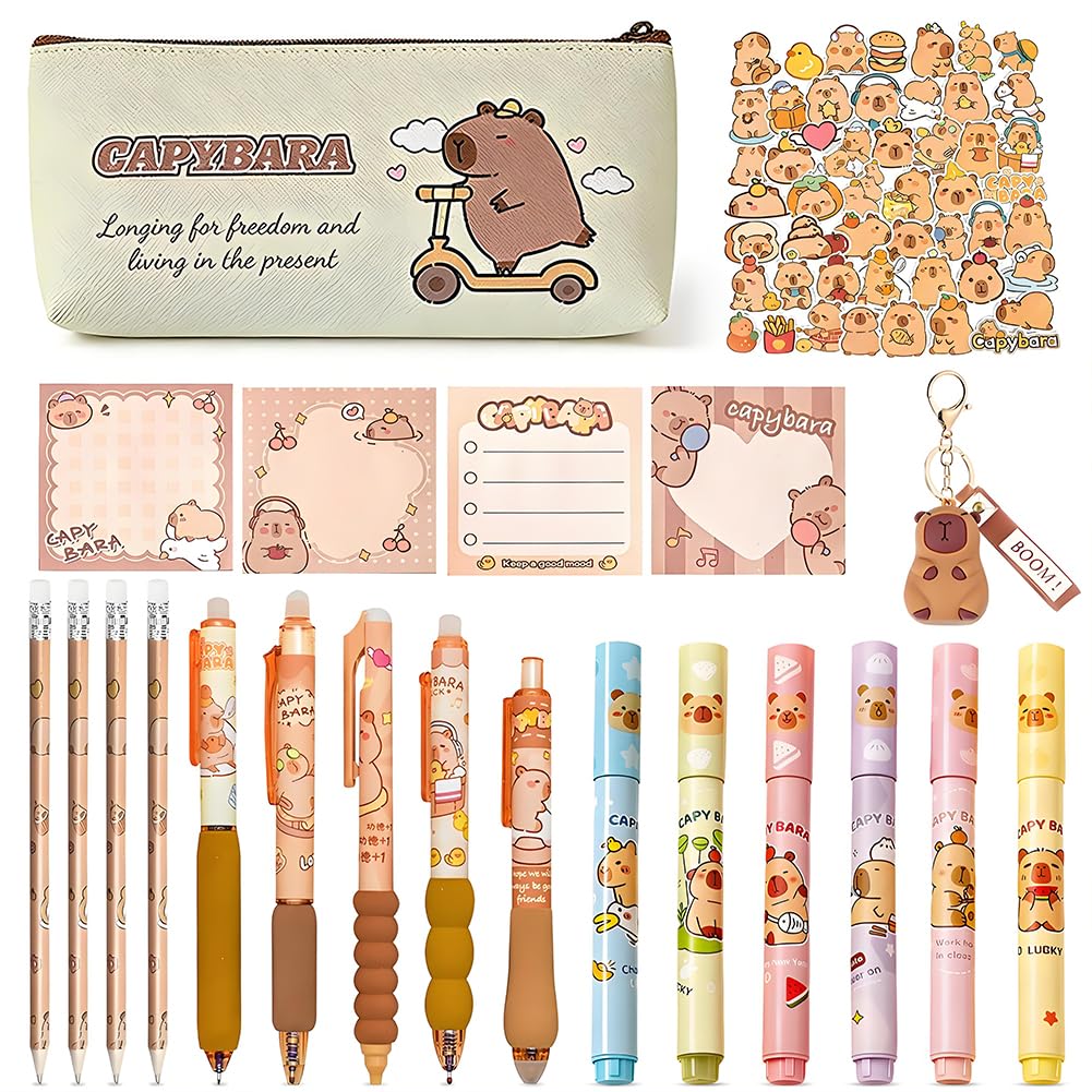 CYGMRFH Cute Capybara Themed Stationery Bundle, Printed Pencil Case with 6 Gel Pens 6 Highlighters 4-Piece Ruler Set, Stickers Erasers and Keychain, Complete School Supplies Kit for Kids and Teens
