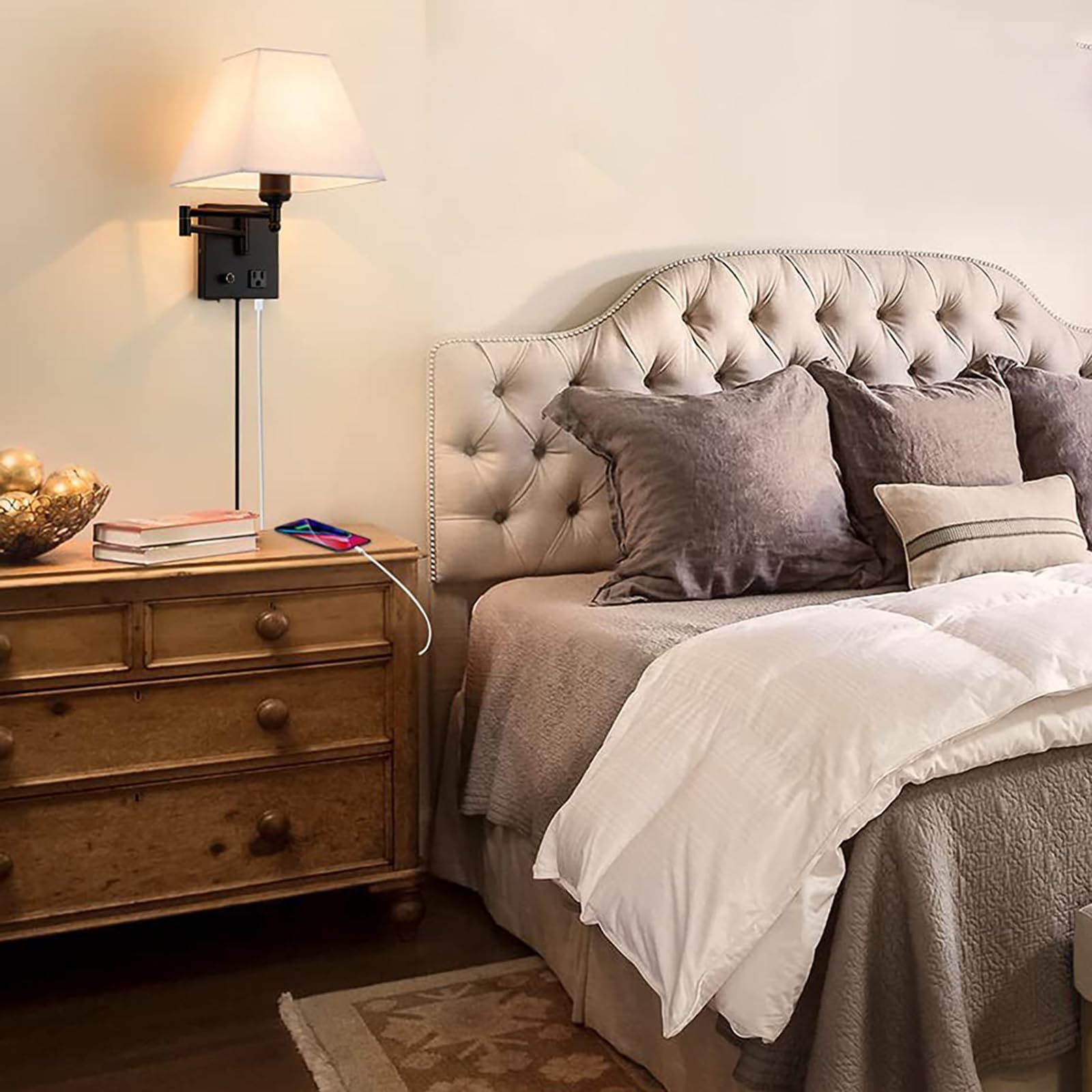 SXSCARKX 270° Adjustable Wall Lamp Sconce - USB Port, Dimmer Knob & in-Cord Lighting Fixture