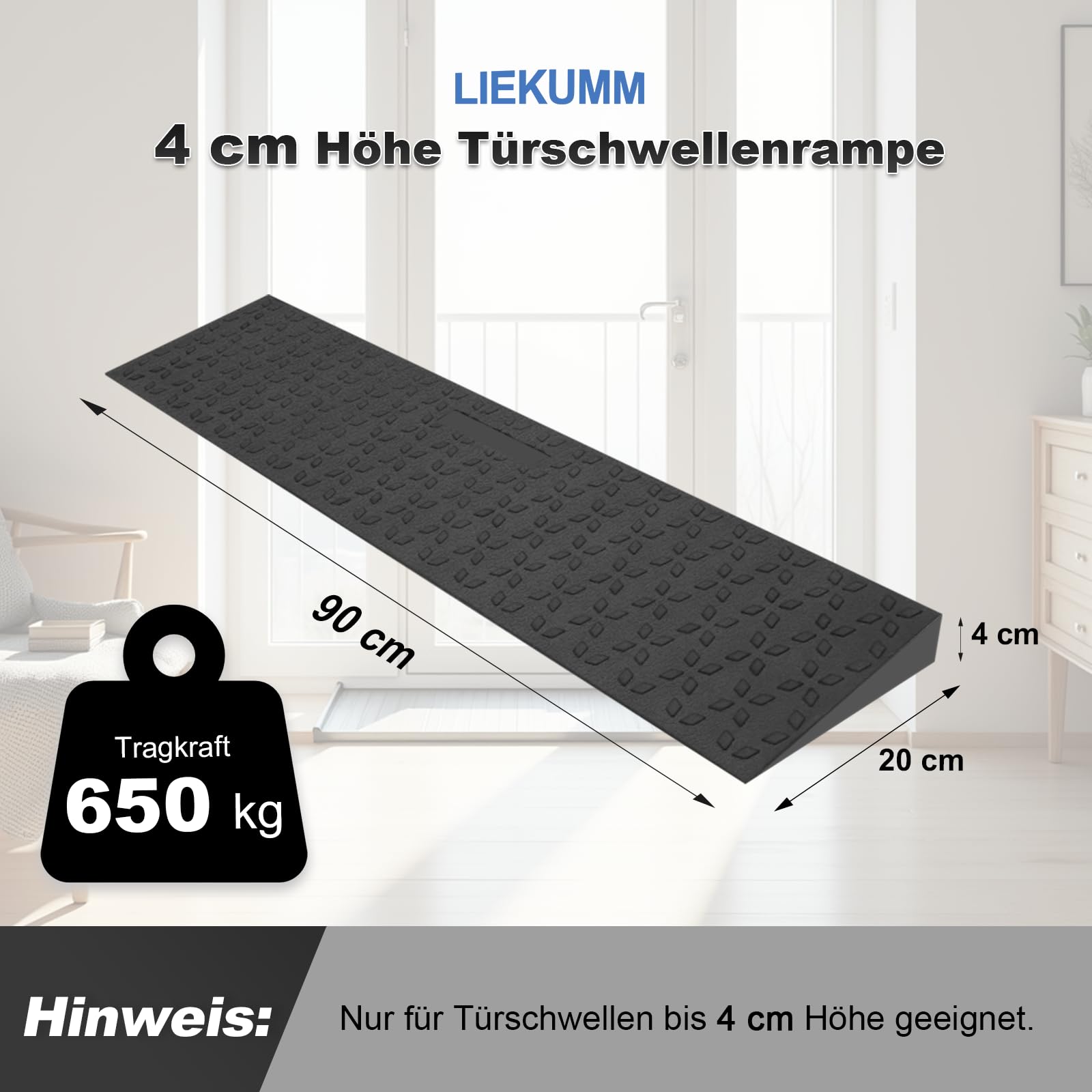 LIEKUMM Rampa progowa do drzwi o wysokości 4 cm, udźwig 650 kg, gumowa rampa dla wózków inwalidzkich, antypoślizgowa rampa do progów drzwiowych, robot odkurzający do stopni, krawężników, skuterów