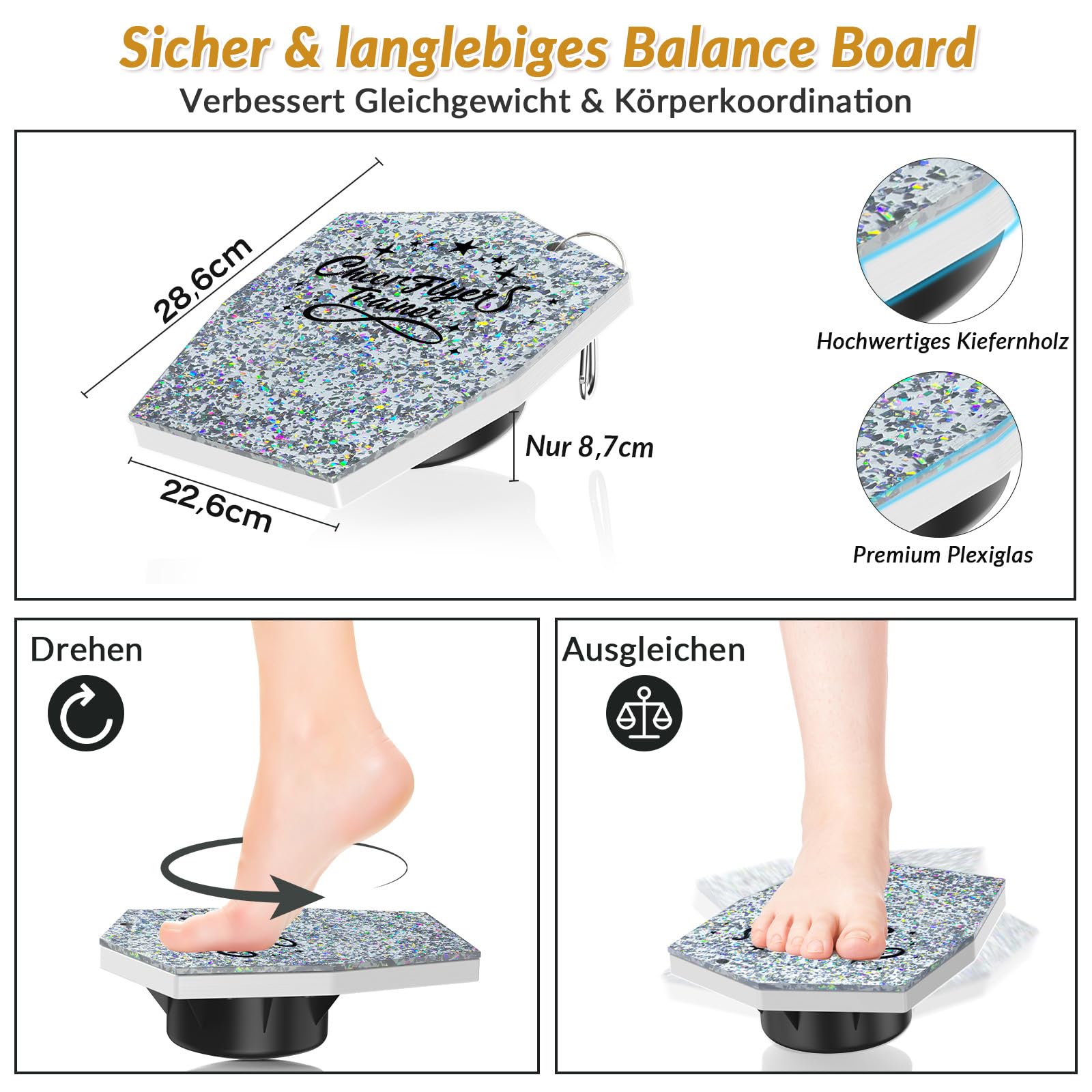 BORISI Cheerleading Stunt & Balance Trainer für Flyer, Grau | Flyer-Training, Niedrige Höhe, Rutschfeste Basis, Holz & Kunststoff, Griff, Core-Kontrolle, Bis 100 kg