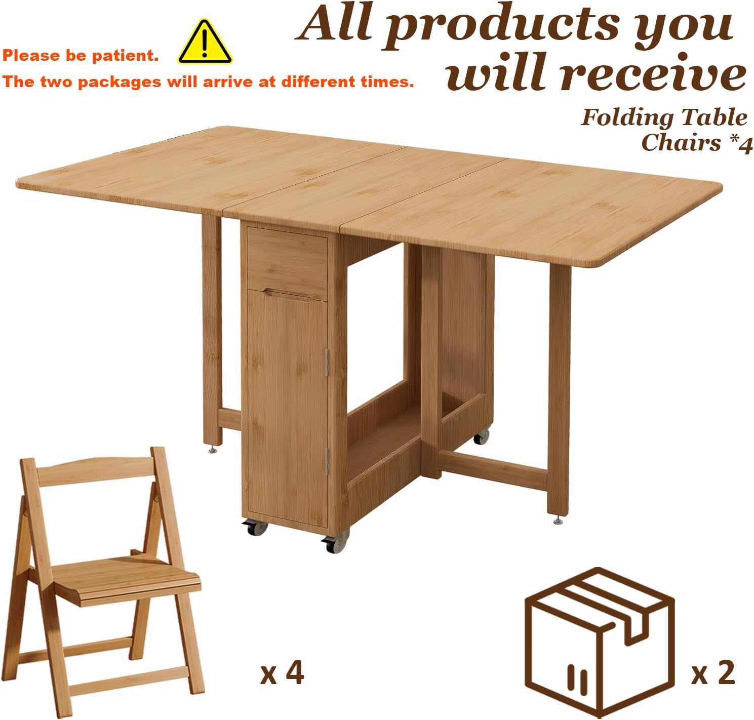Bamboo Folding Dining Table Set for 4, Extendable Drop Leaf Foldable Table with Lockable Wheels & Storage for Small Spaces Kitchen Dining Room, Collapsible Dinette Expandable Rectangle (Wood)