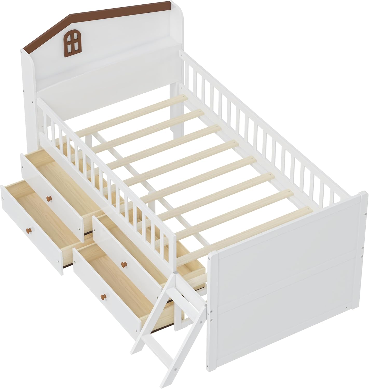 SOFTSEA Twin Size Captain Bed with Drawers, Famhouse House Bed with Rails& Ladders for Kids House Low Bed Frame, White