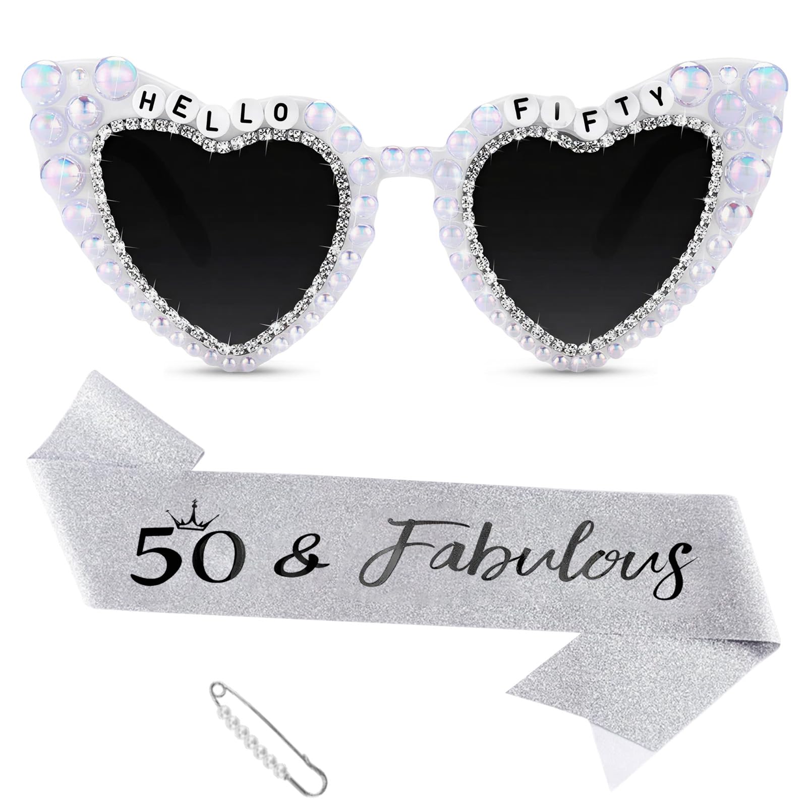 50th Birthday Glasses with Sash, White Heart Sunglasses for Women, HELLO FIFTY Shiny Bling Diamond Pearl Sunglasses, 50 Years Old Birthday Party Gifts Supplies Eyeglasses Photo Props Accessories