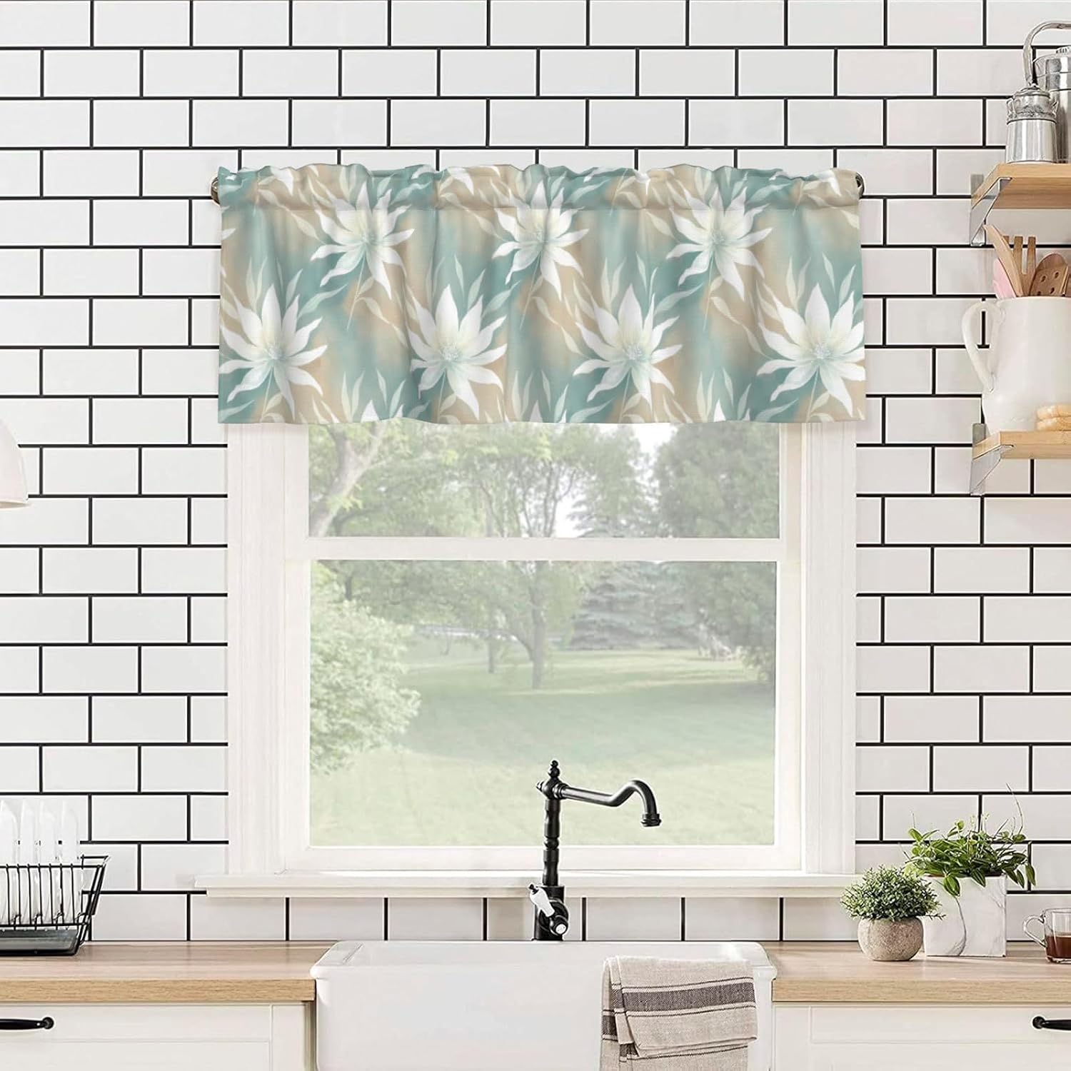 Valance for Windows Watercolor White Flowers Teal Beige Short Curtains Rod Pocket Window Treatment for Kitchen Living Room Bedroom Bathroom Decor 1 Panel, 54x18in