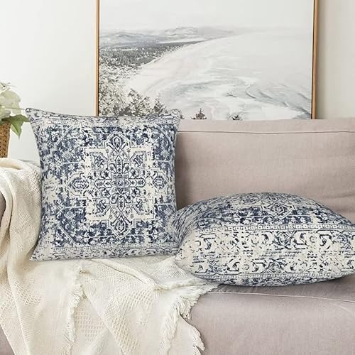 Miniatura 8 de Fundas de Almohada Boho 16x16 Juego de 2, Patrón de Alfombra Blanco Azul Marino Almohadas Decorativas para Exteriores Fundas de Cojín de Lino Étnico