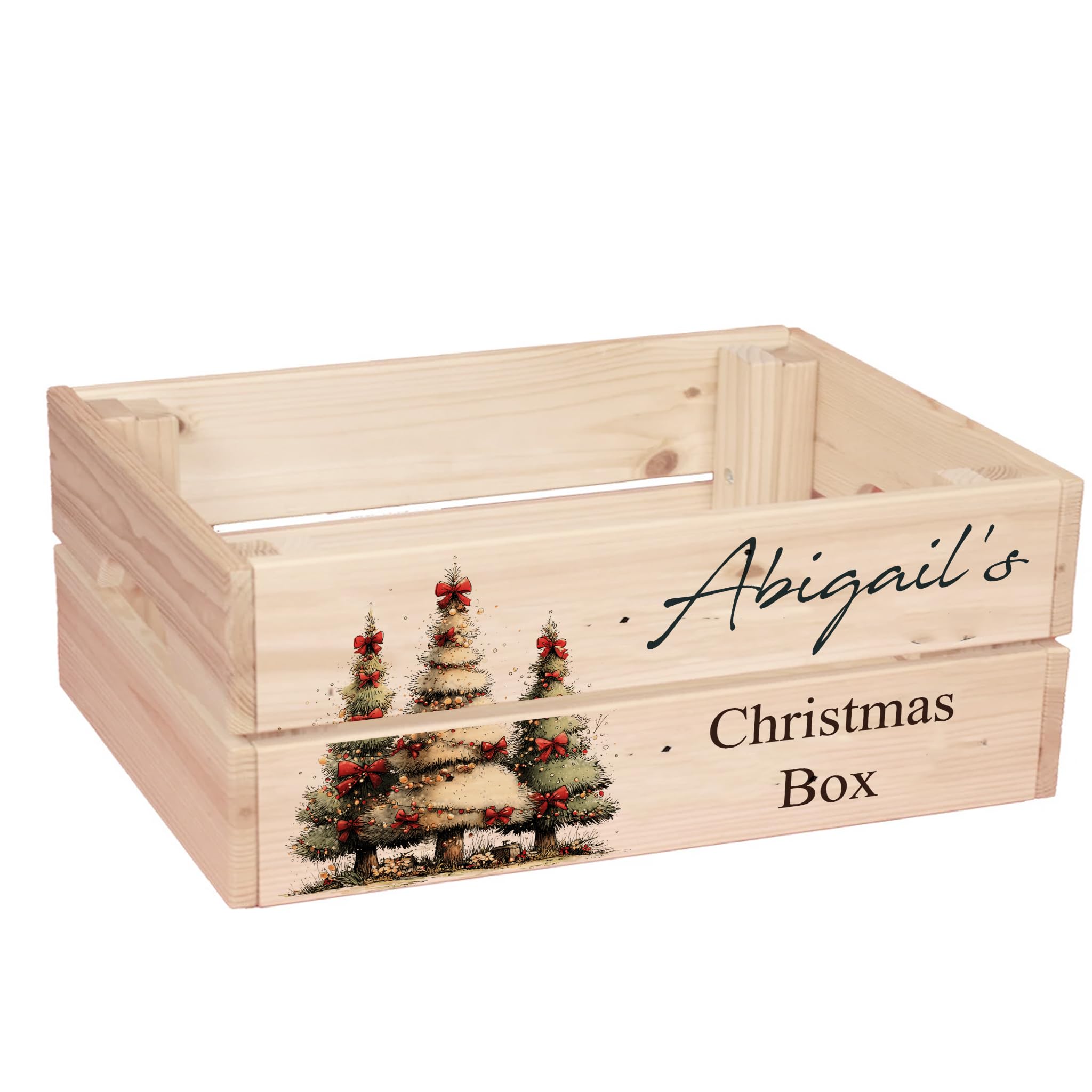 ukgiftstoreonline Personalised Christmas Eve Box with Santa, Trees, Reindeer, Snowman Designs, Wooden Storage Crate, 30.5 x 25 x 12 cm, Holiday Presentation Box with Side Handles (Tree Set 3) โ image 1