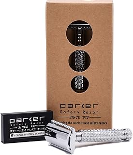 Parker 94R “Hefty” Double-Edge Safety Razor with Standard-Length Handle + 5 Premium Blades – Chrome-Plated Brass, Three-Piece Design, Balanced Weight for Classic Wet Shaving