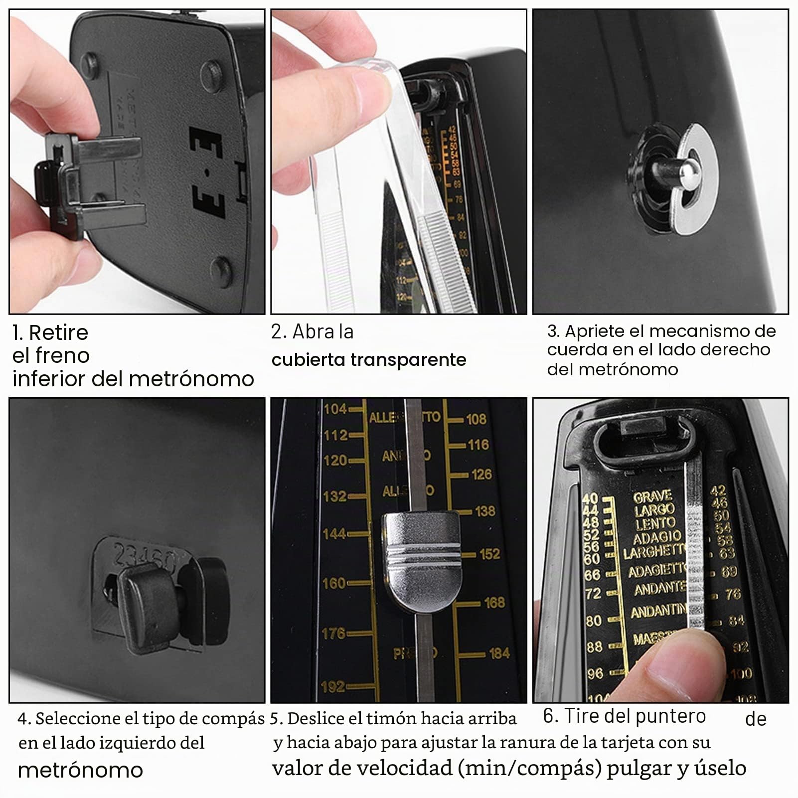 Fafeims Metrónomo Mecánico para Piano, Violín, Bajo y Batería – Temporizador Musical Ajustable con 40–208 BPM, Diseño Clásico Negro sin Pilas, Ideal para Estudiantes, Profesores y Mú