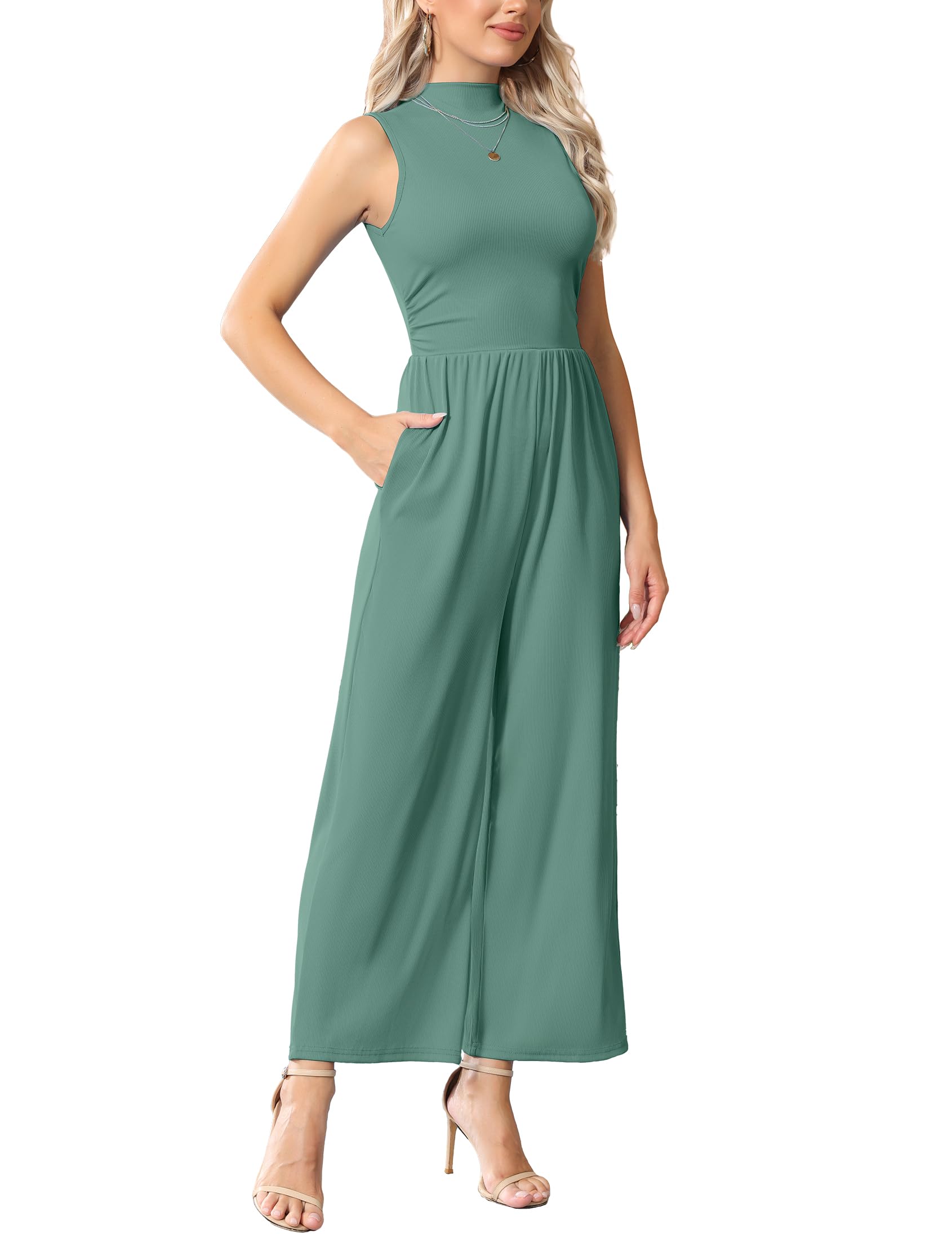 Womens Summer Jumpsuits Ribbed Knit Dressy Casual One Piece Outfits Mock Neck Wide Leg Pants Rompers with Pockets