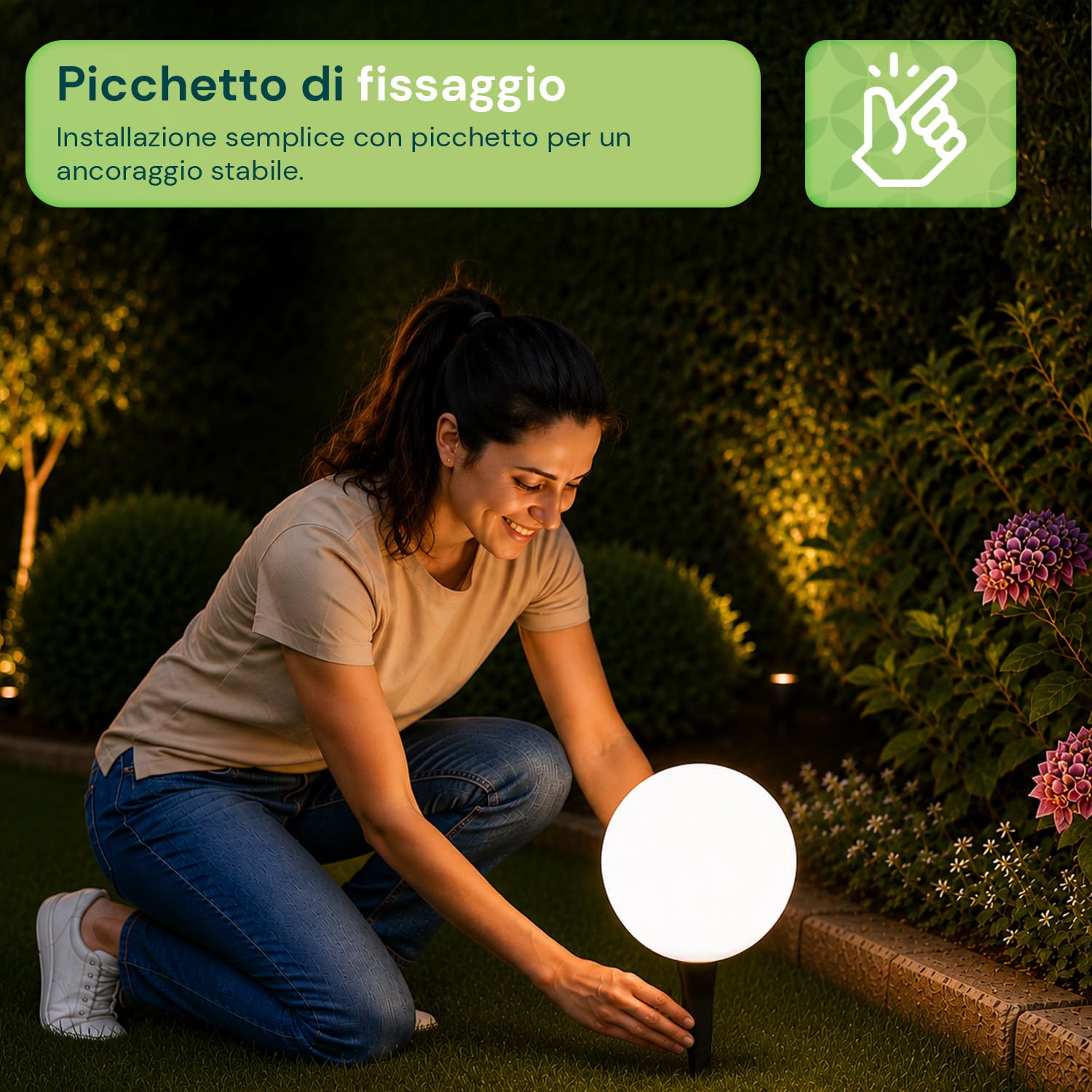 Sfera Solare da Giardino LED RGB + Bianca ø25 cm – Luci Solari da Esterno Decorative, 16 Colori, Telecomando IR, Picchetto Incluso, IP44, Batteria Li-ion