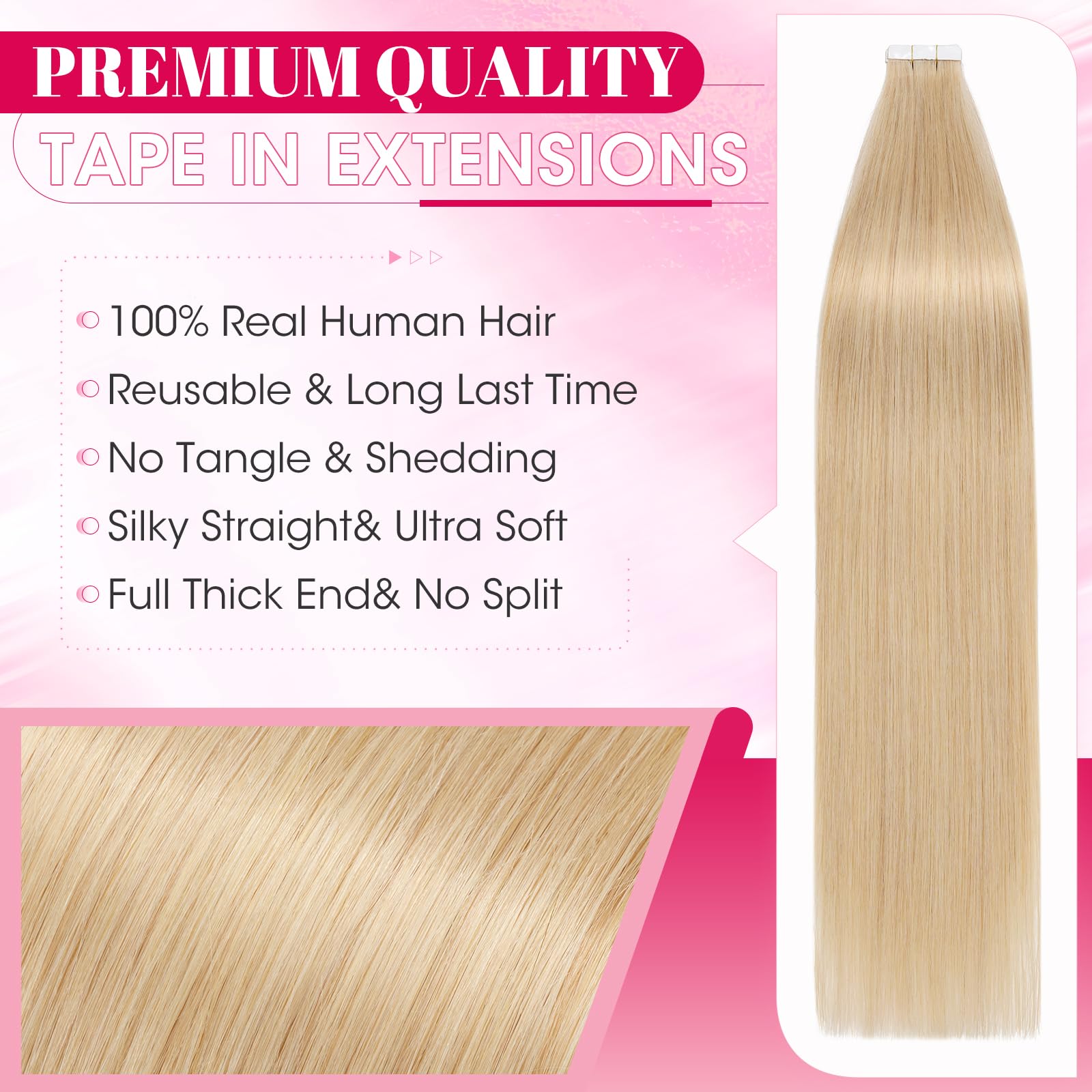 MY-LADY 20pcs Invisible Seamless Tape in Hair Extensions Human Hair - Remy Straight Real Hair #24 Natural Blonde - 18 Inch 50g - Image 2