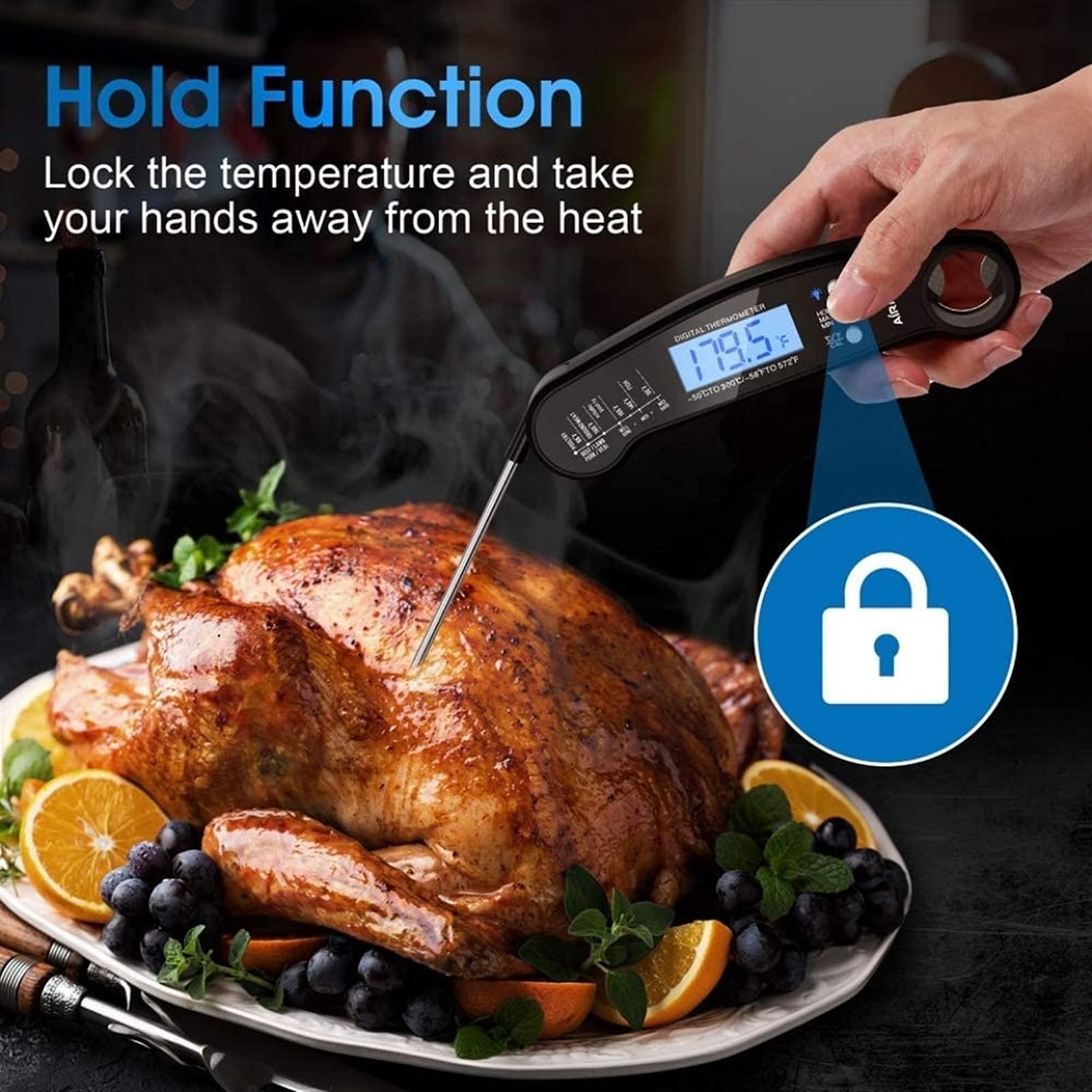 Termómetro digital instantáneo para alimentos cárnicos - Barbacoa o parrilla, magnético con sonda | Eléctrico e inalámbrico, lectura rápida e inteligente para cocinar carne roja, dulces, té, asado al