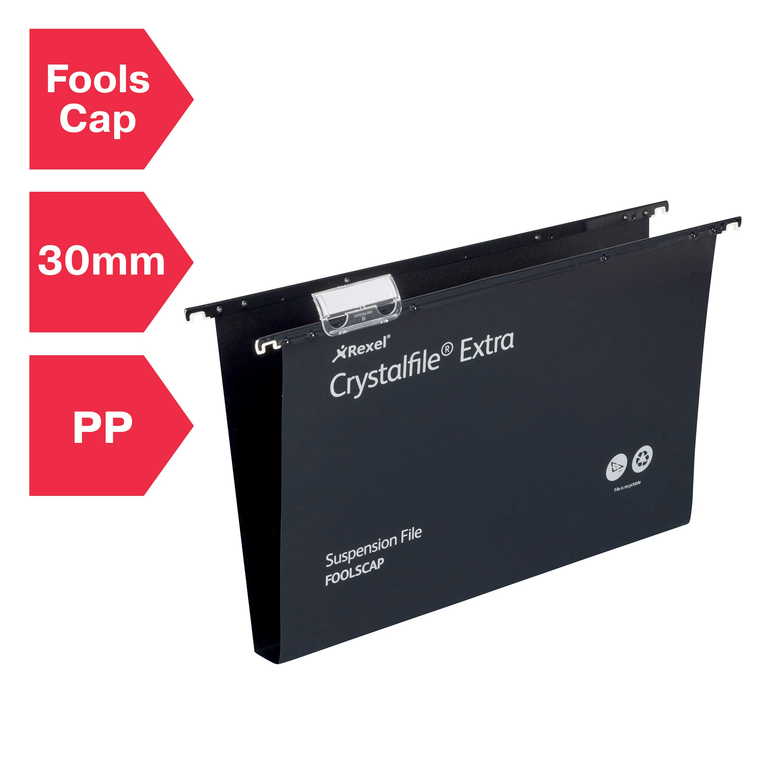 Rexel Lot de 25 dossiers suspendus ultra résistants avec onglets et inserts pour armoires de classement, base de 30 mm, polypropylène, noir, Crystalfile Extra, 300081