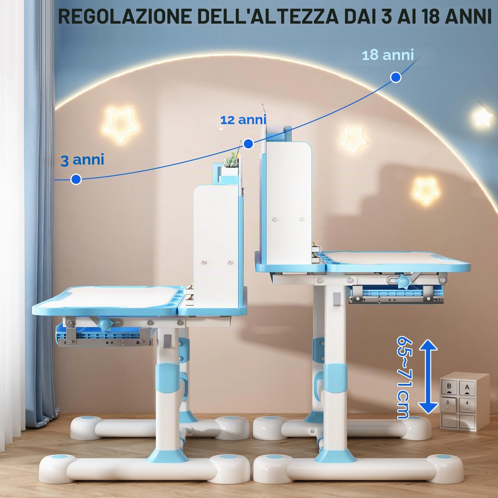 Set scrivania e sedia regolabile in altezza, sedia da studio, scrivania studente, tavolo scrittura cassetto leggio, tavolo ergonomico