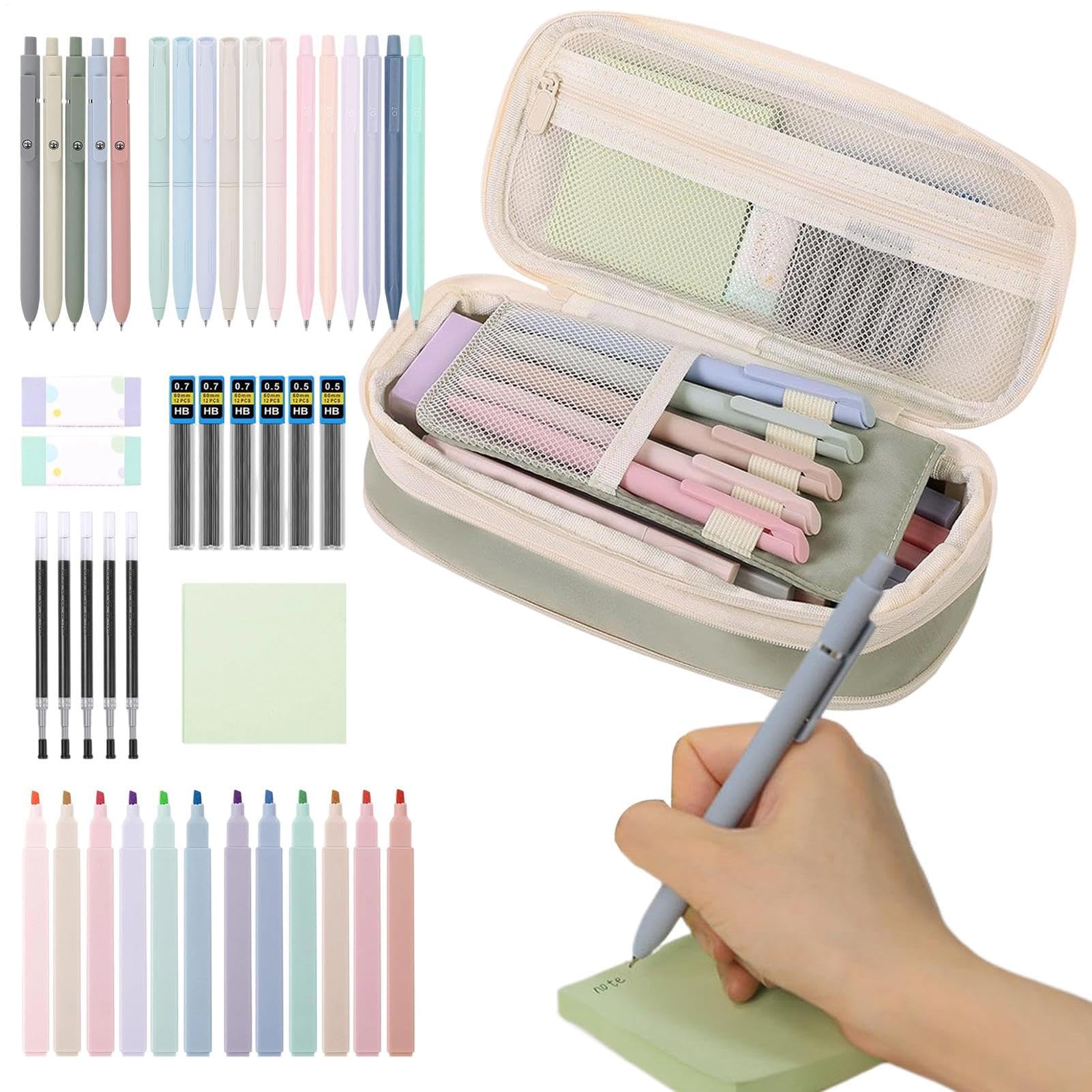 32 Stuks Esthetiek Schrijfwarenset bij Blauwe Etui, 12 Gekleurde Markeerstiften, 6 Gekleurde Pennen, 5 Zwarte Pennen, 5 Magnetische Bladwijzers en 3 Sticky Notes voor de Schoolspullen van Studenten