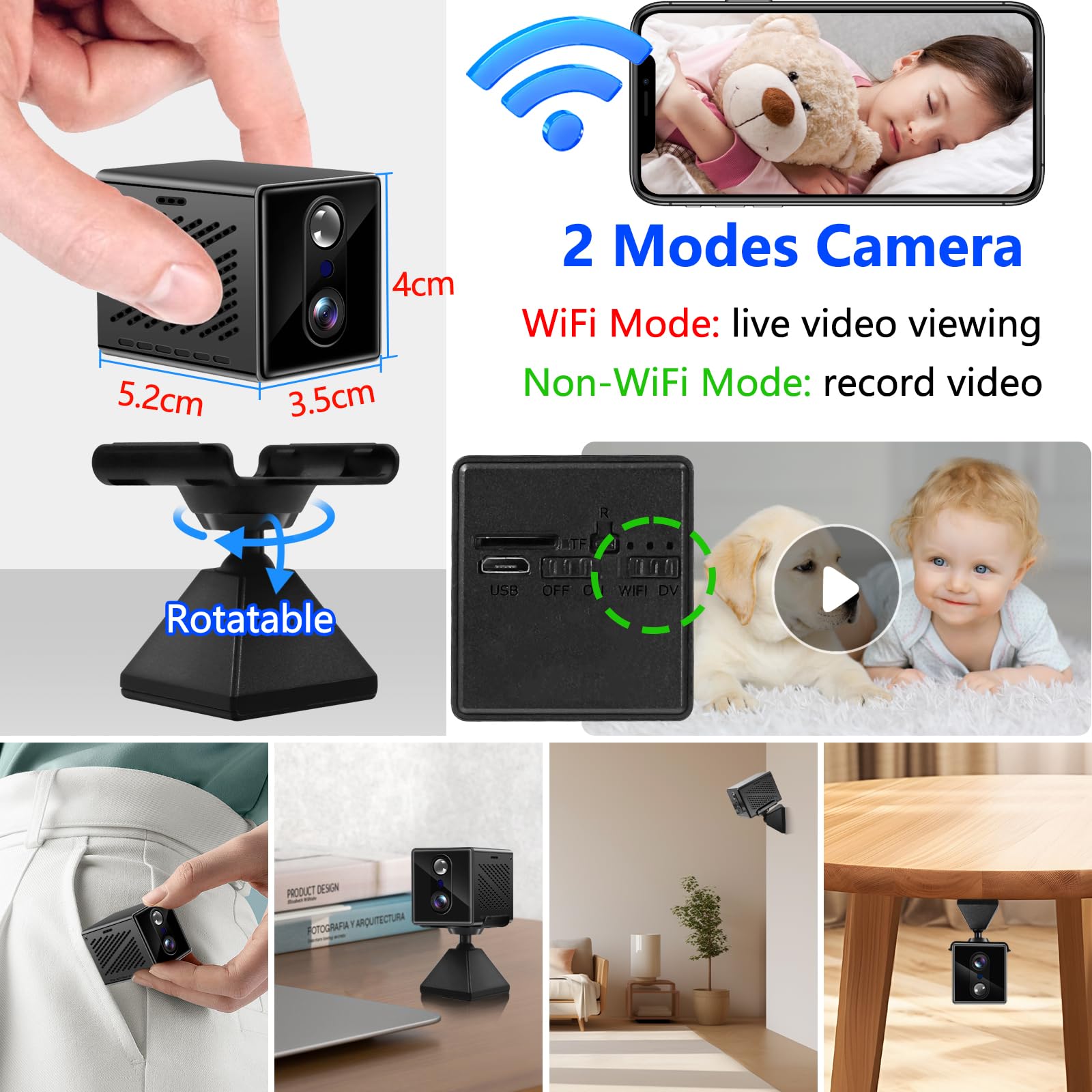 Mini ukryta kamera szpiegowska WiFi 2K, dwukierunkowa komunikacja i PIR | Akumulator 8 h, szeroki kąt 140°, 2300 mAh, WiFi/DV, 20 gg Standby, streaming