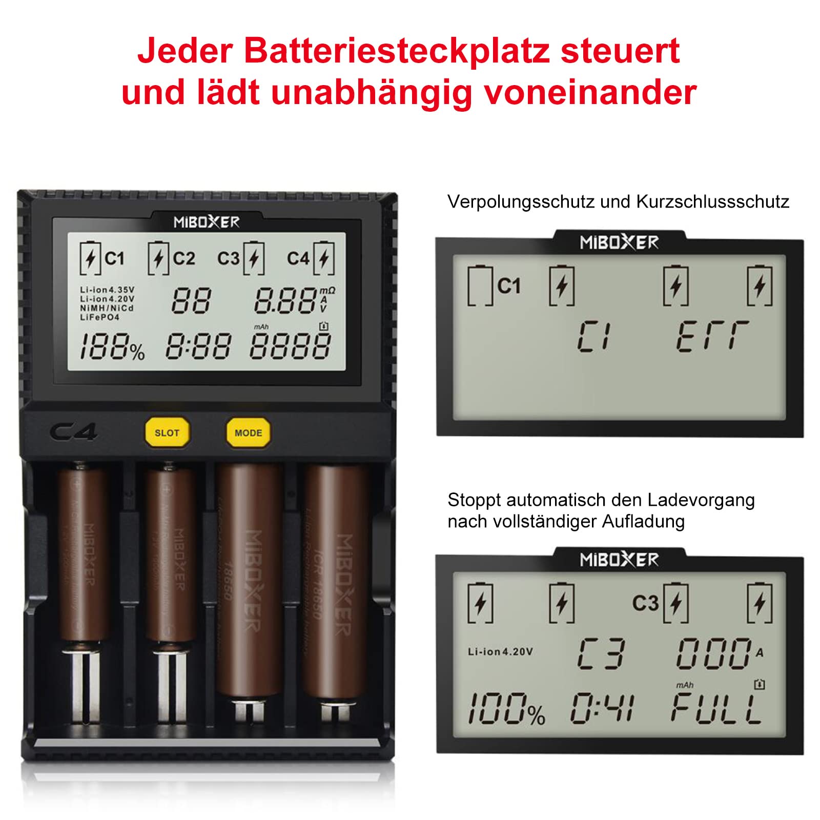 Universal akku Ladegerät, 18650 Baterieaufladegerät mit 4 Schacht, LCD-Display Batterien Ladegerät für Li-Ion LiFePO4 NI-MH NI-Cd AA AAA C 18350 18500 18700 20700 21700 26650 RCR123.