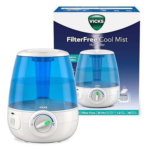 Vicks Filter-Free Ultrasonic Humidifier. #1 Brand Recommended by Pediatricians*. 1.2 Gal Ultrasonic cool mist humidifier for medium to large Bedrooms, Kids Rooms, and More. Use with Vicks VapoPads.