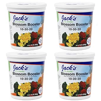 Jacks Classic 10-30-20 Blossom Booster Water-Soluble Fertilizer with Micronutrients for Increasing Color and Quantity of Blooms in Flowering Plants, 1.5lbs, 4 Pack