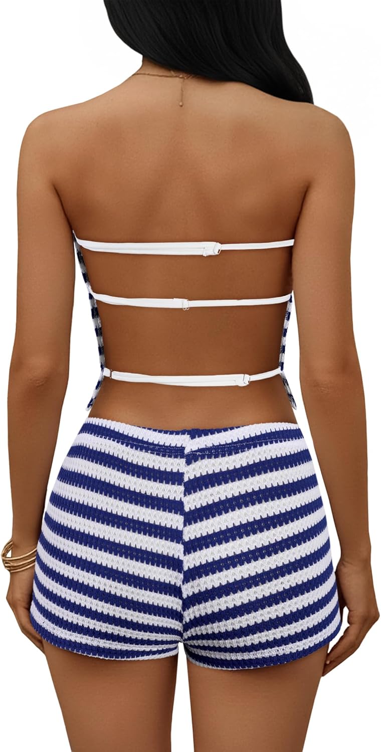 Remidoo Women’s Striped 2 Piece Set Backless Knit Tube Top Shorts Sets Summer Outfit - Image 2