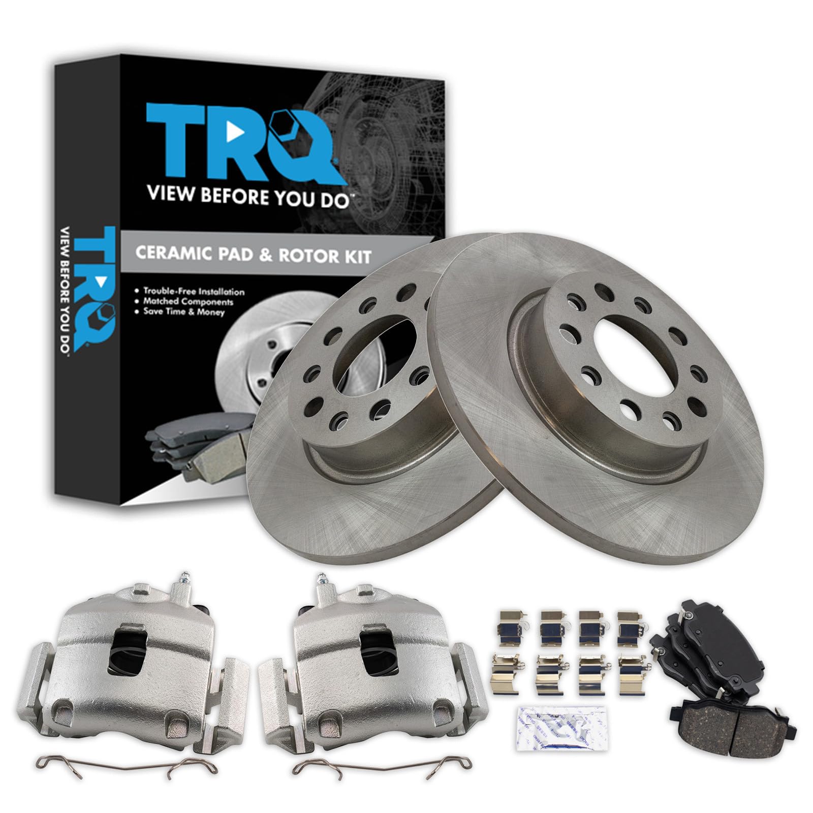 TRQ Rear Brake Pad and Rotor Set Ceramic Solid Rotors Calipers