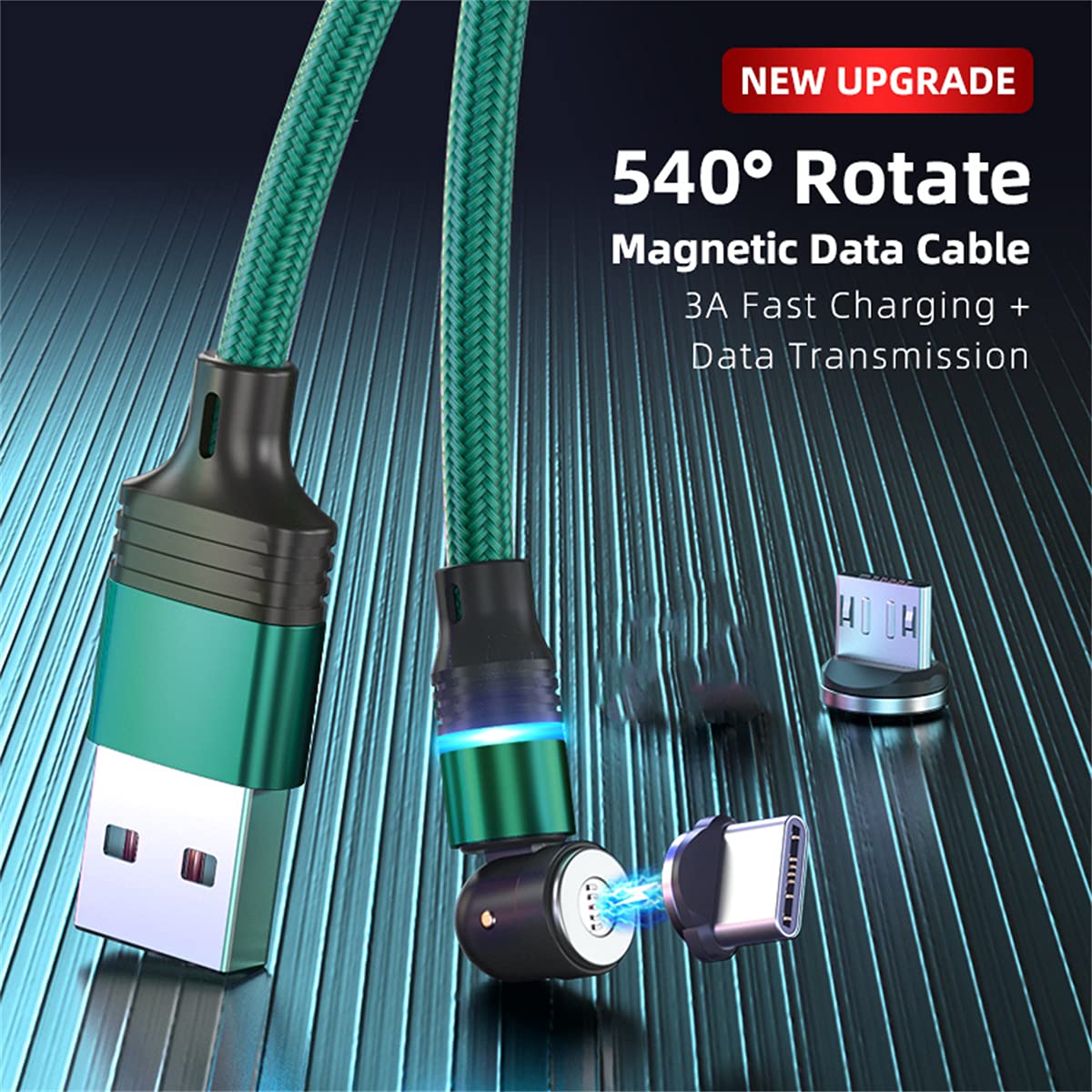 Magnetisches USB-Kabel 3-in-1 [1m + 2m] – Schnellladung 3A, Datenübertragung, 360° Drehbar Für Micro USB, USB-C & Apple Geräte
