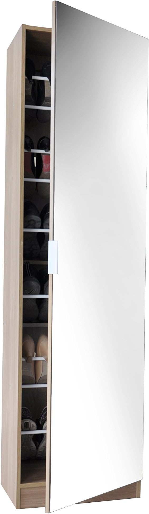 6ft Mirrored Shoe Cabinet in White, Black or Oak - Shoe Storage Rack Organiser (Oak)