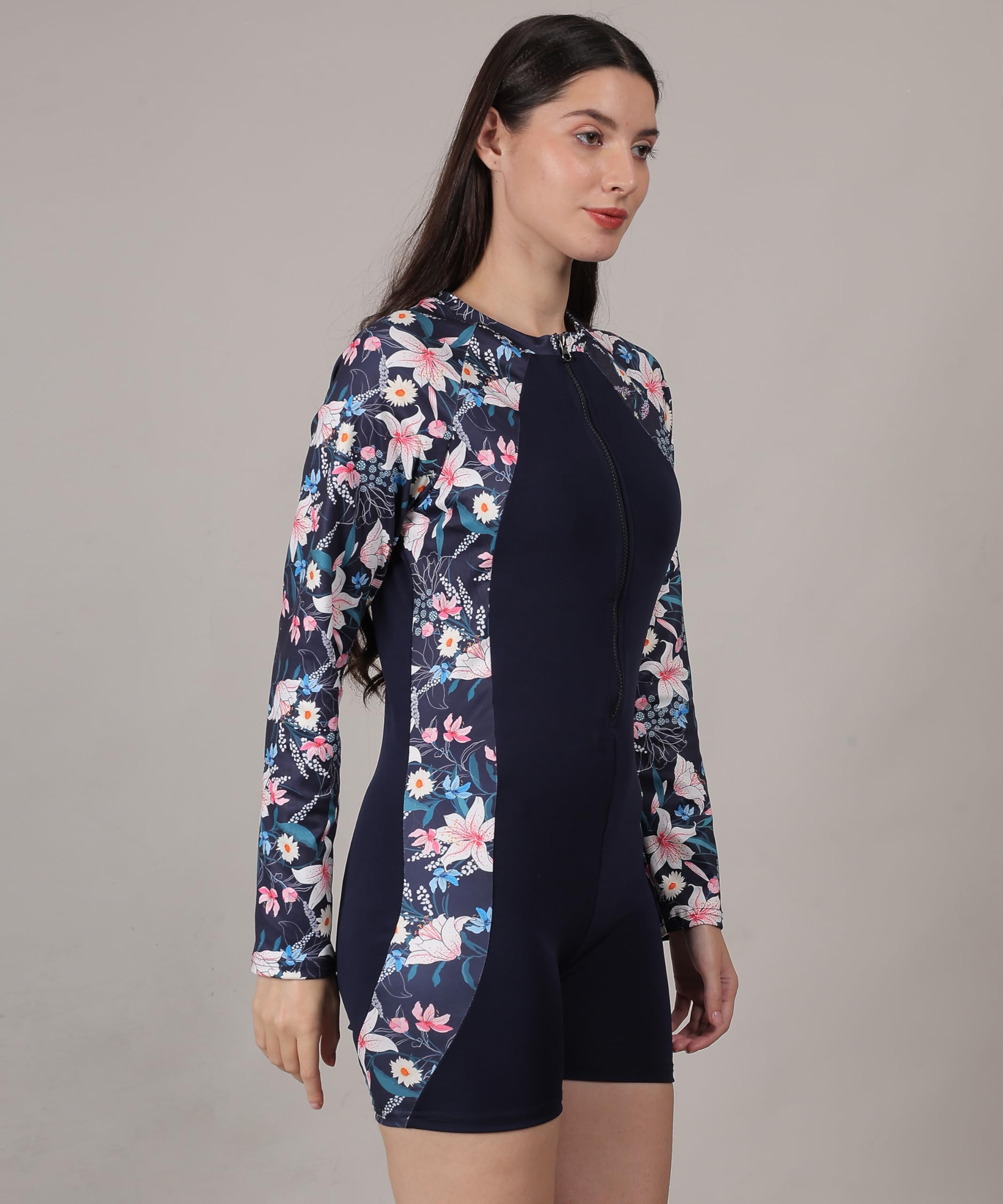 MEGASKA Long Sleeve One Piece Padded Swimming Costume Rash Guard Swimsuit Romper Surfing Swimwear Beach Swimming Suit for Women_NavyFloralNavy_L Navy 1
