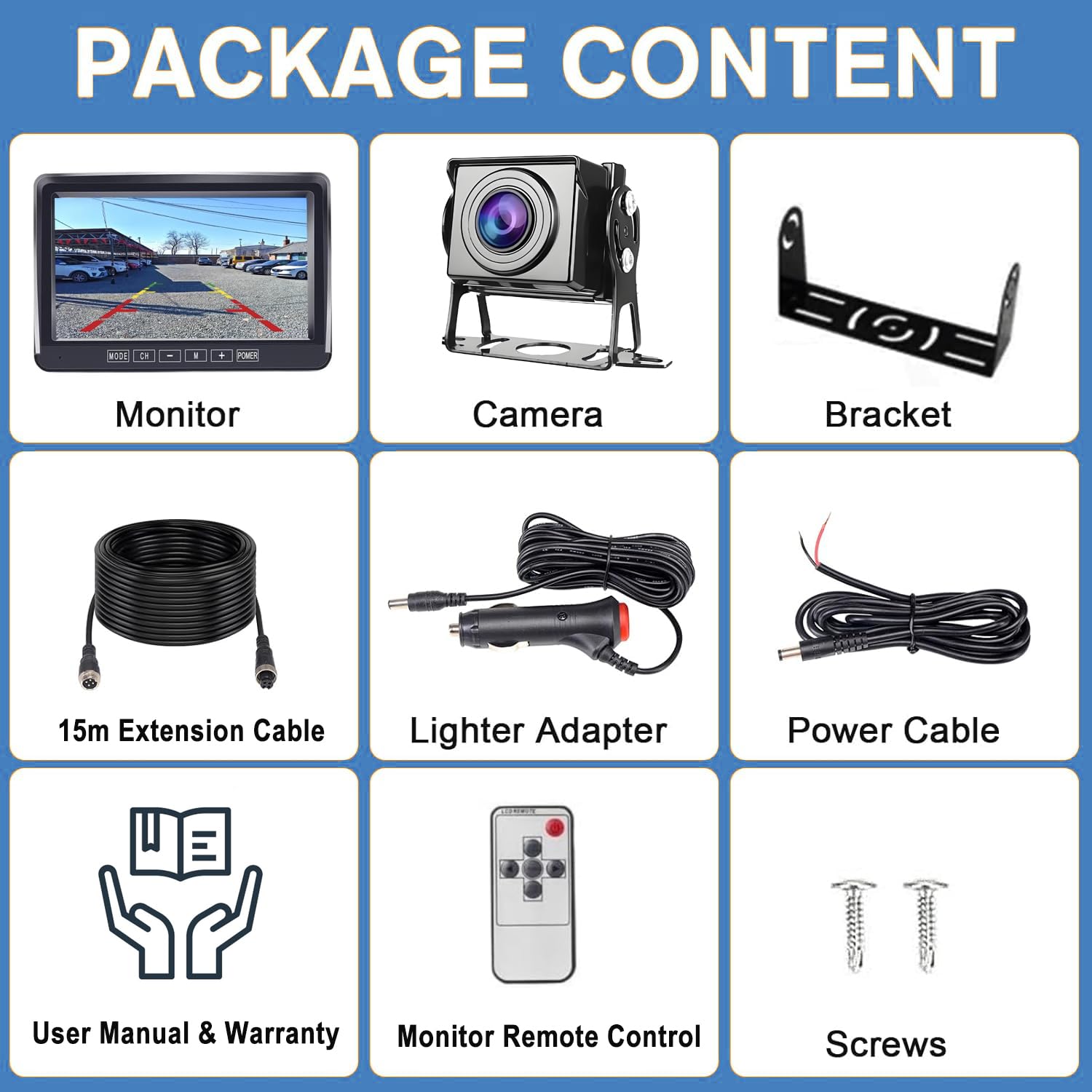 Rückfahrkamera-Set mit 7"-LCD-1080P Monitor & 170° Weitwinkel- Rückfahrkamera, IP69 wasserdicht, Nachtsicht, Stabilem Signal Backup-Kamera mit 15m Kabel,für LKW/Anhänger/Bus/Van/Landwirtschaft/Wohnmob