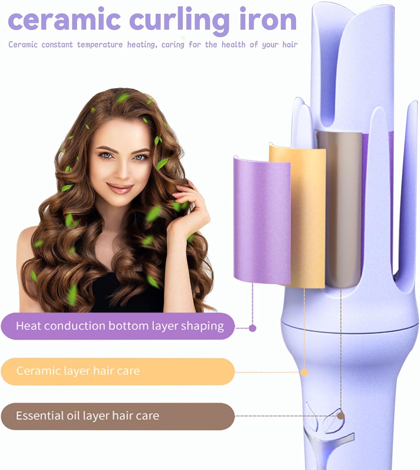 Automatic Curling Iron, Hair Curler Wand with 3 Temp& LCD Display, Fast Heating Ceramic Hair Curler, Automatic Shut-Off, Anti-Scald, Anti-Tangle Rotating Curling Iron for Hair Styling (Purple)