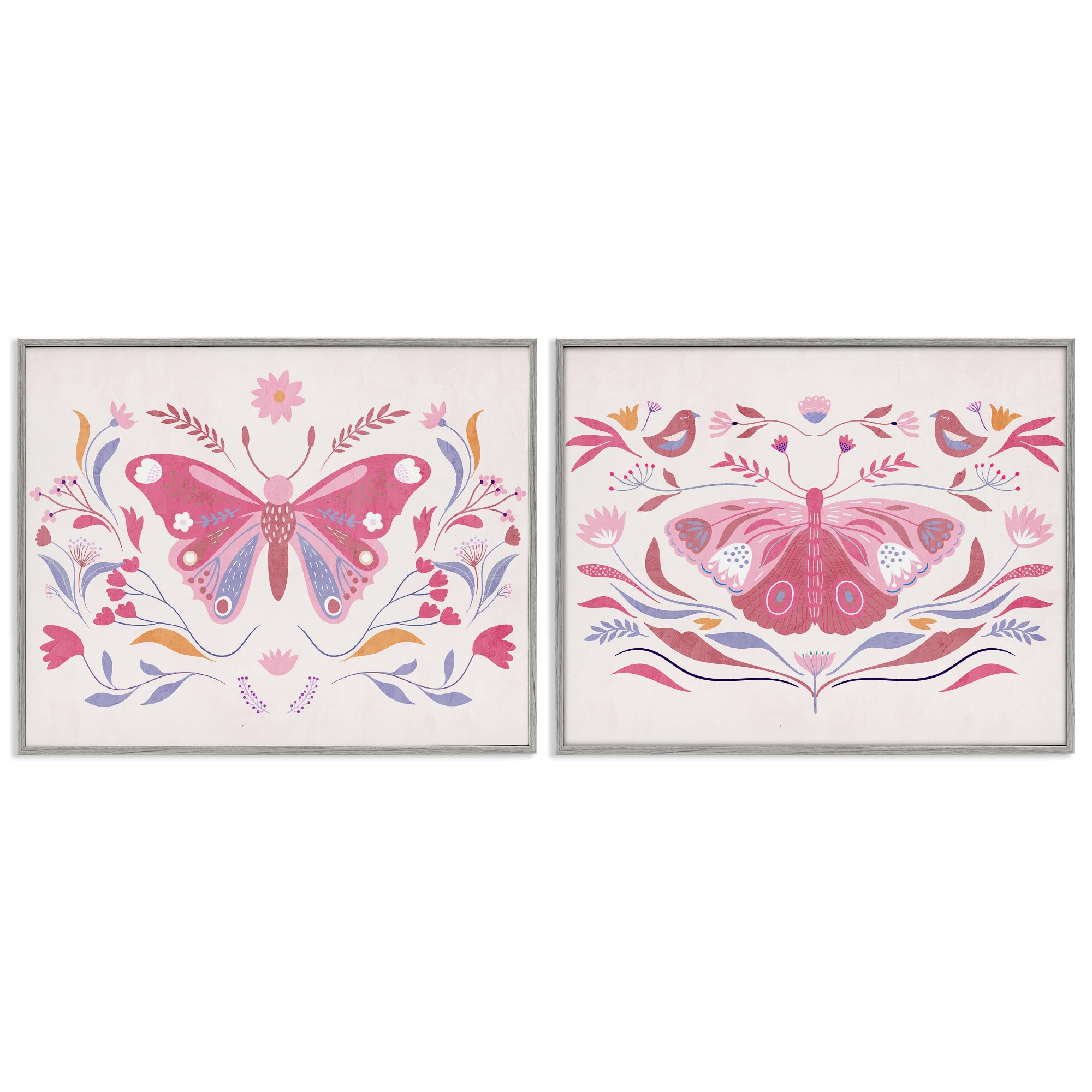 Stupell Industries Farmhouse Gray (Textured) Boho Folk Butterfly Nursery, 16 X 20 Inch Framed Giclée Print Set
