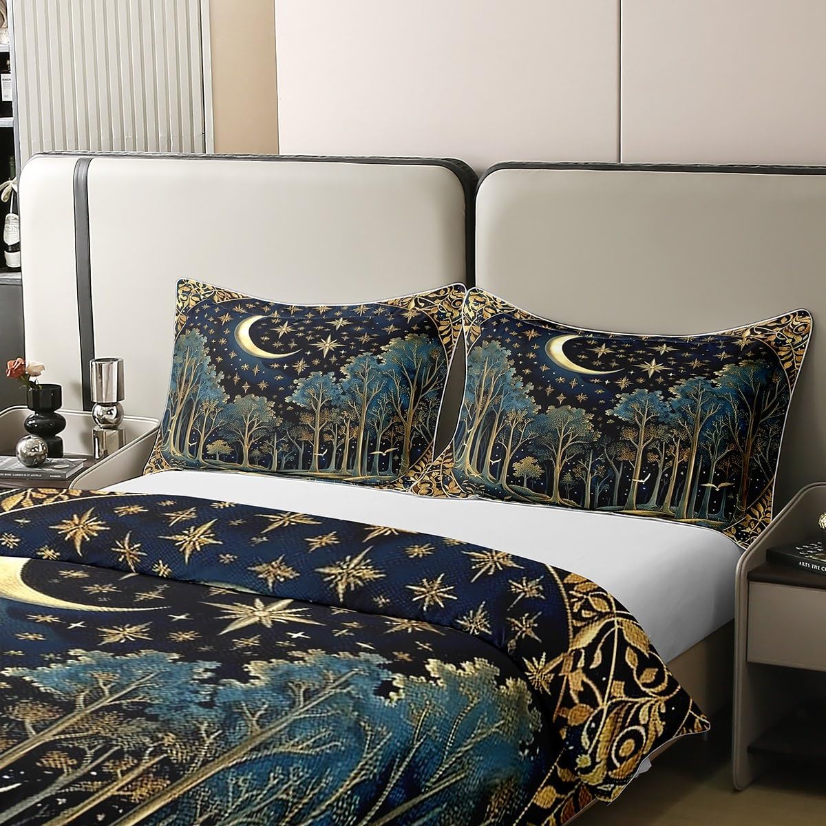 Erosebridal Vintage Moon Stars 100% Cotton Duvet Cover Twin Size Boho Bedding Set for Women Girls Modern Art Botanical Woodland Tree Comforter Cover Abstract Mysterious Aesthetic Blue Gold Room Decor