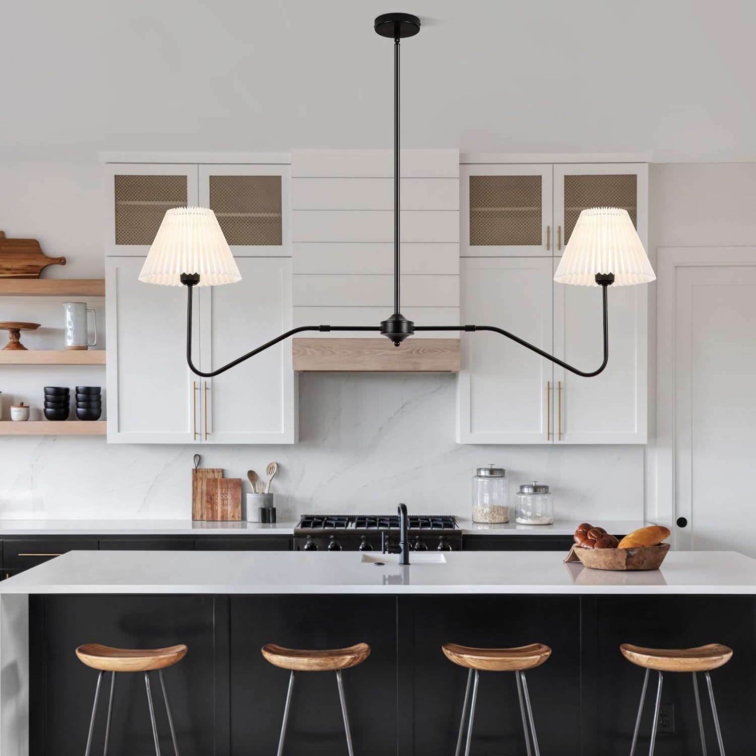 2-Lights Linear Kitchen Island Lighting Fixture, Modern Chandelier for Dining Room Light Fixtures Over Table,Black Pendant Lighting with White Pleated Shade for Dining Table (Black)