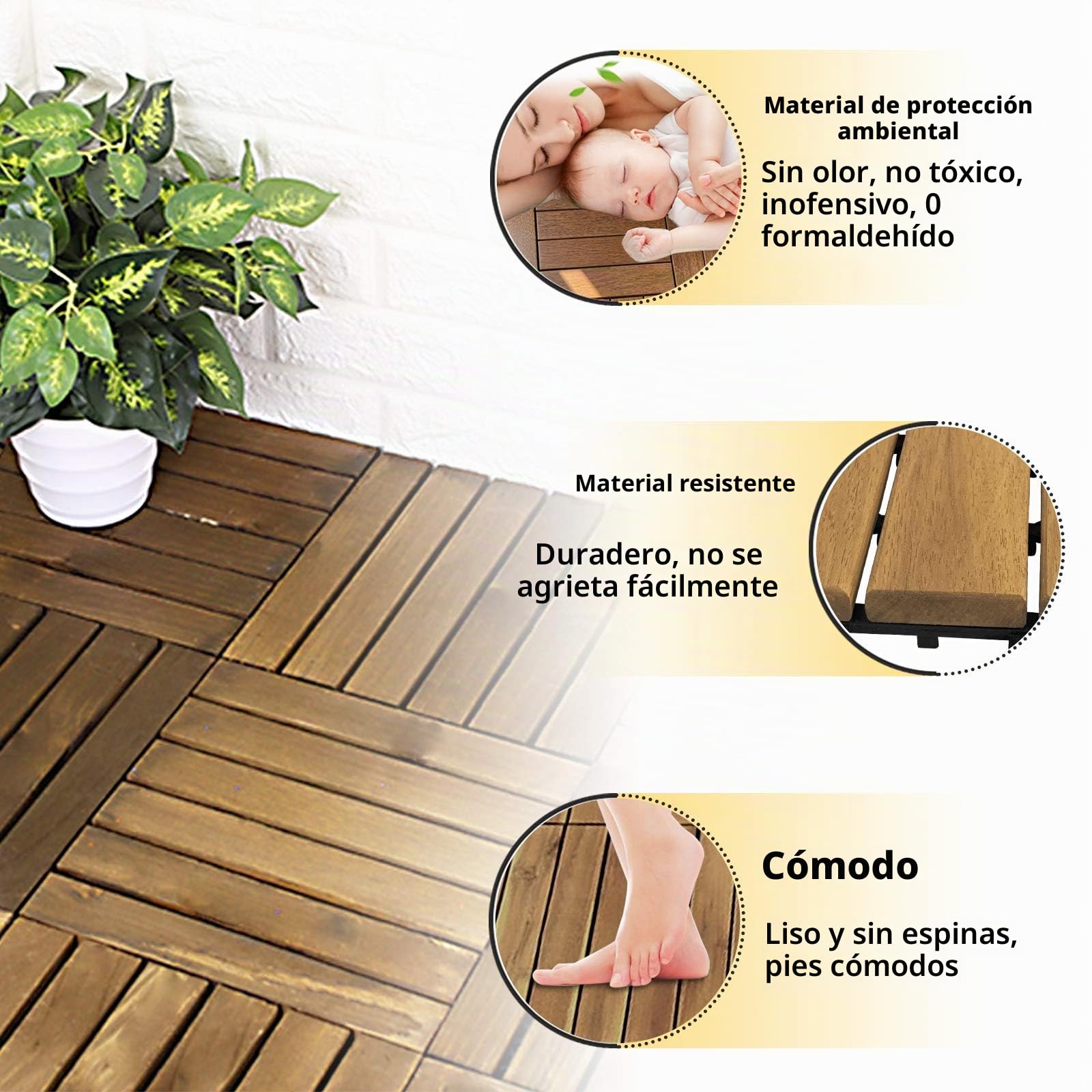 NAIZY Baldosas de madera para terraza, 30 x 30 cm, aspecto de madera, baldosa para balcón, con drenaje y clic, resistente a la intemperie, para jardín, terraza, balcón (modelo A, tamaño: 11 unidades