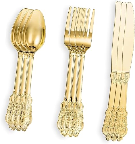 Juego de cubiertos de plástico dorado de 300 piezas cubiertos desechables de plástico dorado cubiertos de plástico resistente 100 tenedores dorados
